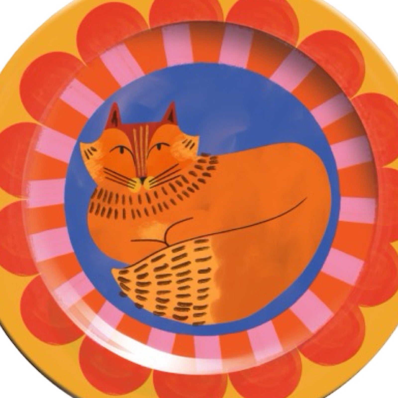 Colourful plate with a cat design on a white background.
