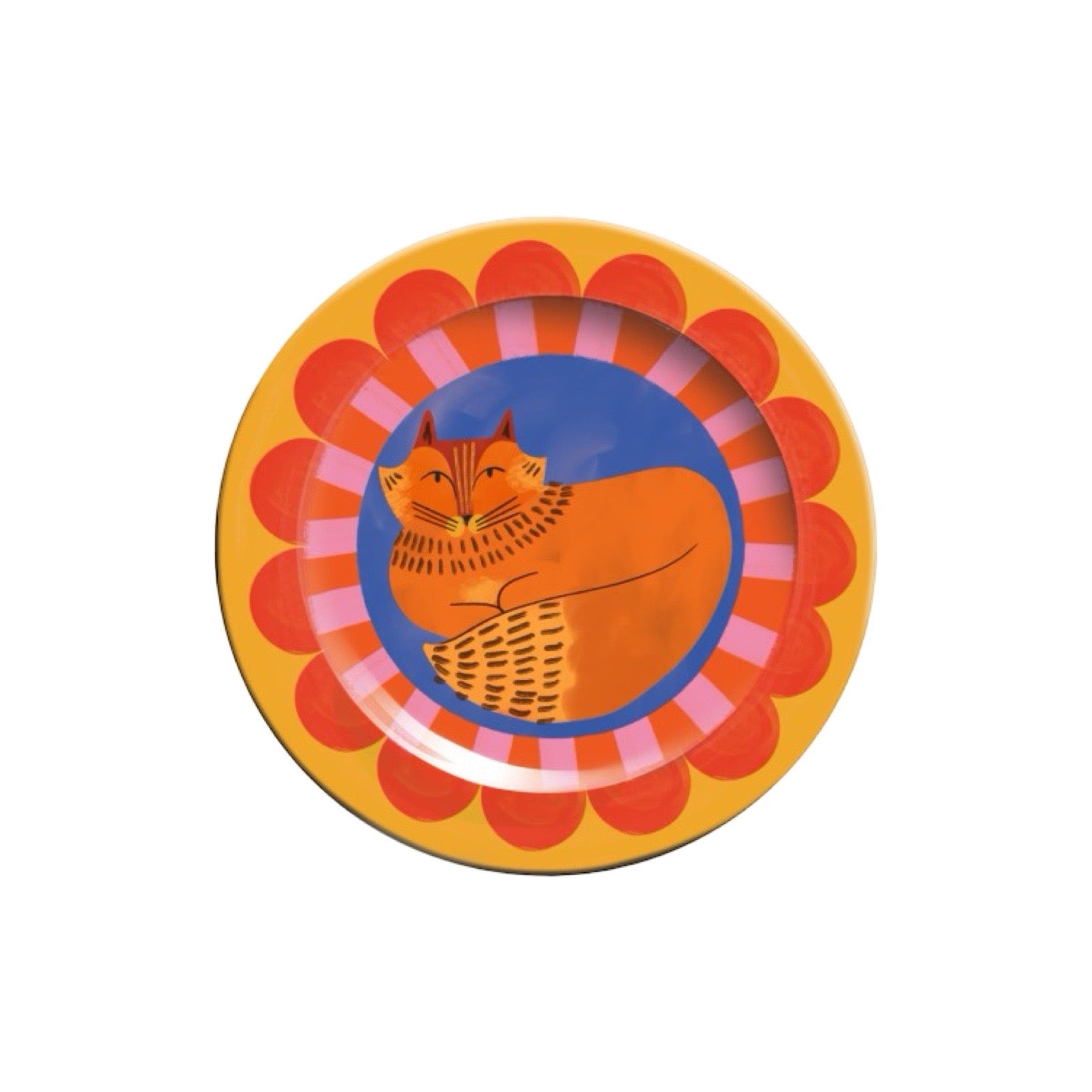 Colourful plate with a cat design on a white background.