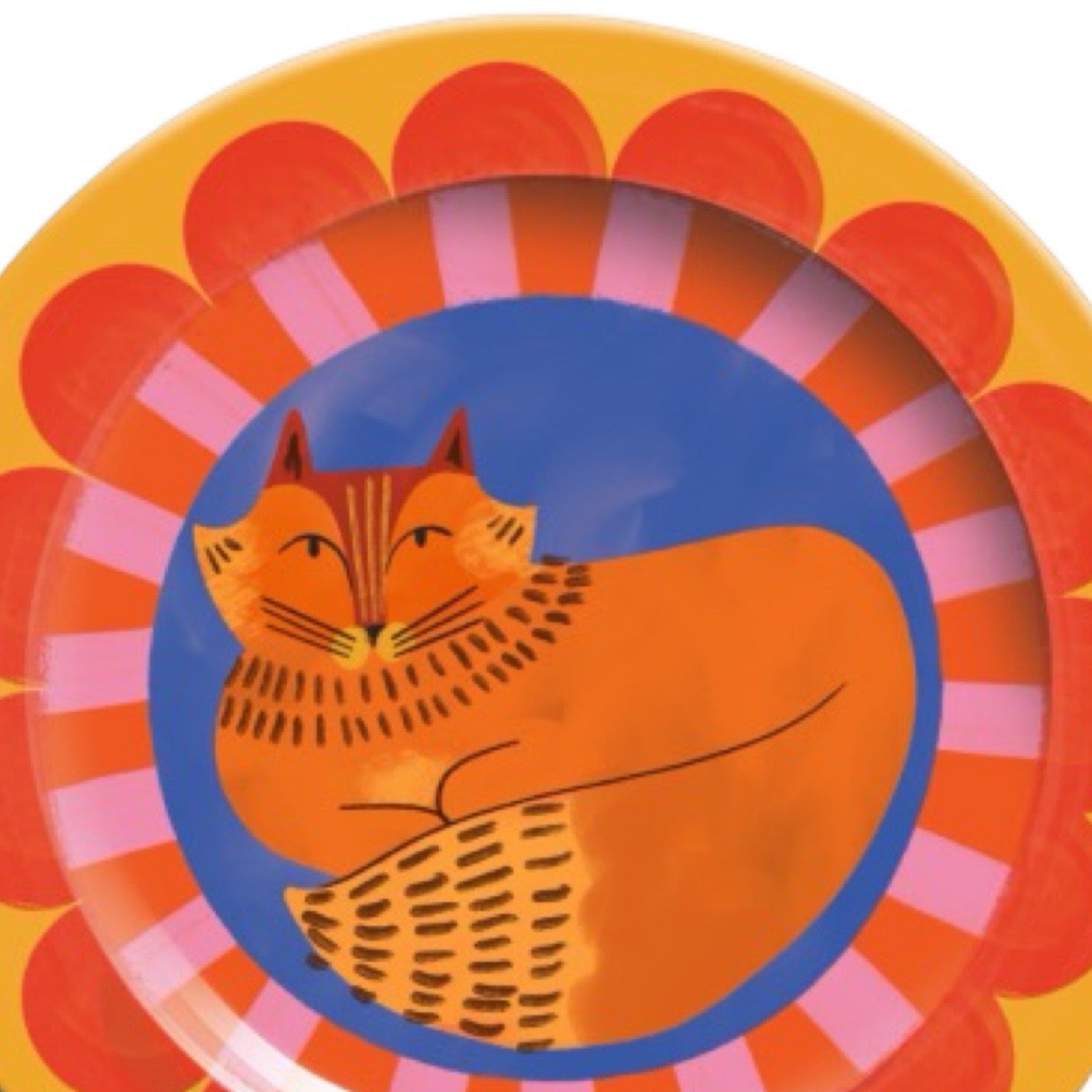 Colourful plate with a cat design on a white background.