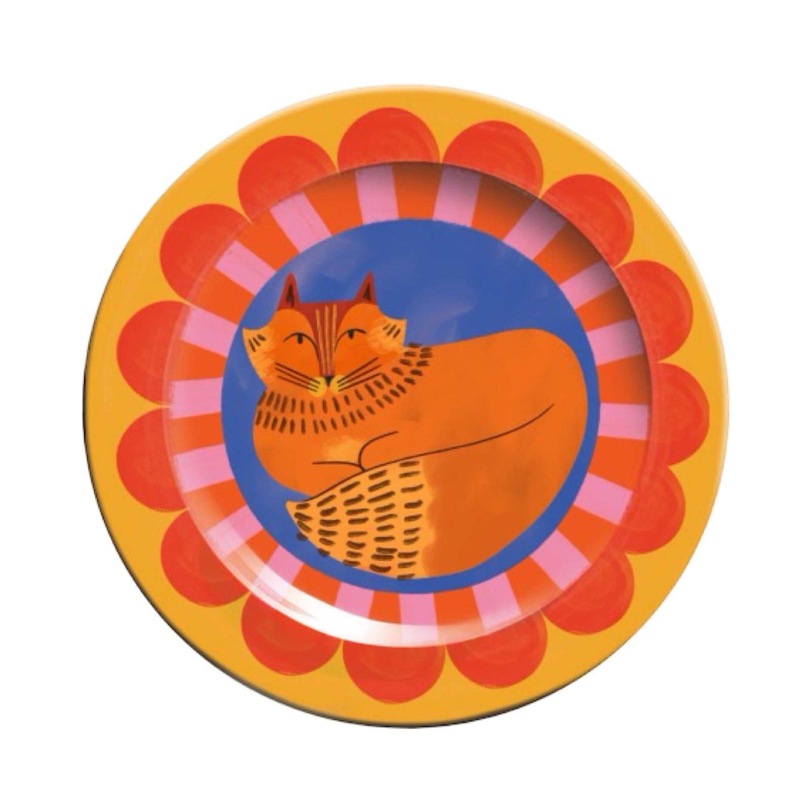 Colourful plate with a cat design on a white background.