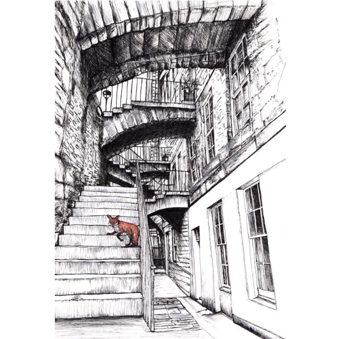 An illustrated print of a fox on a set of steps going down to one of Edinburgh's many basements