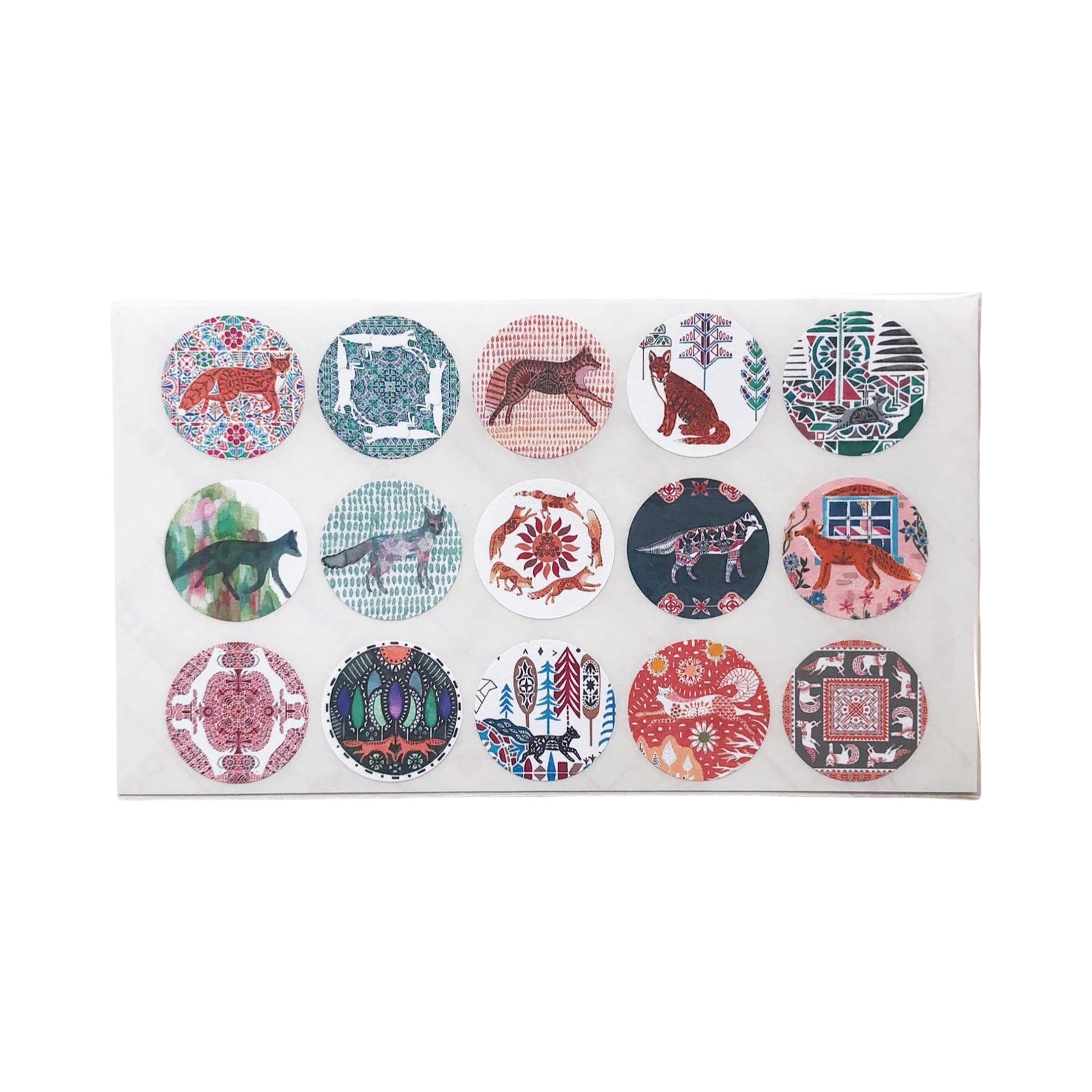 Sheet of decorative stickers with various designs on a white background.