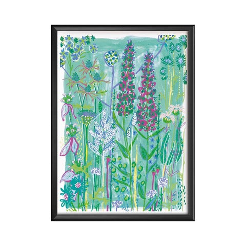A rectangular print from an original painting featuring green and deep pink foxgloves and other multi-coloured flowers on a turquoise background