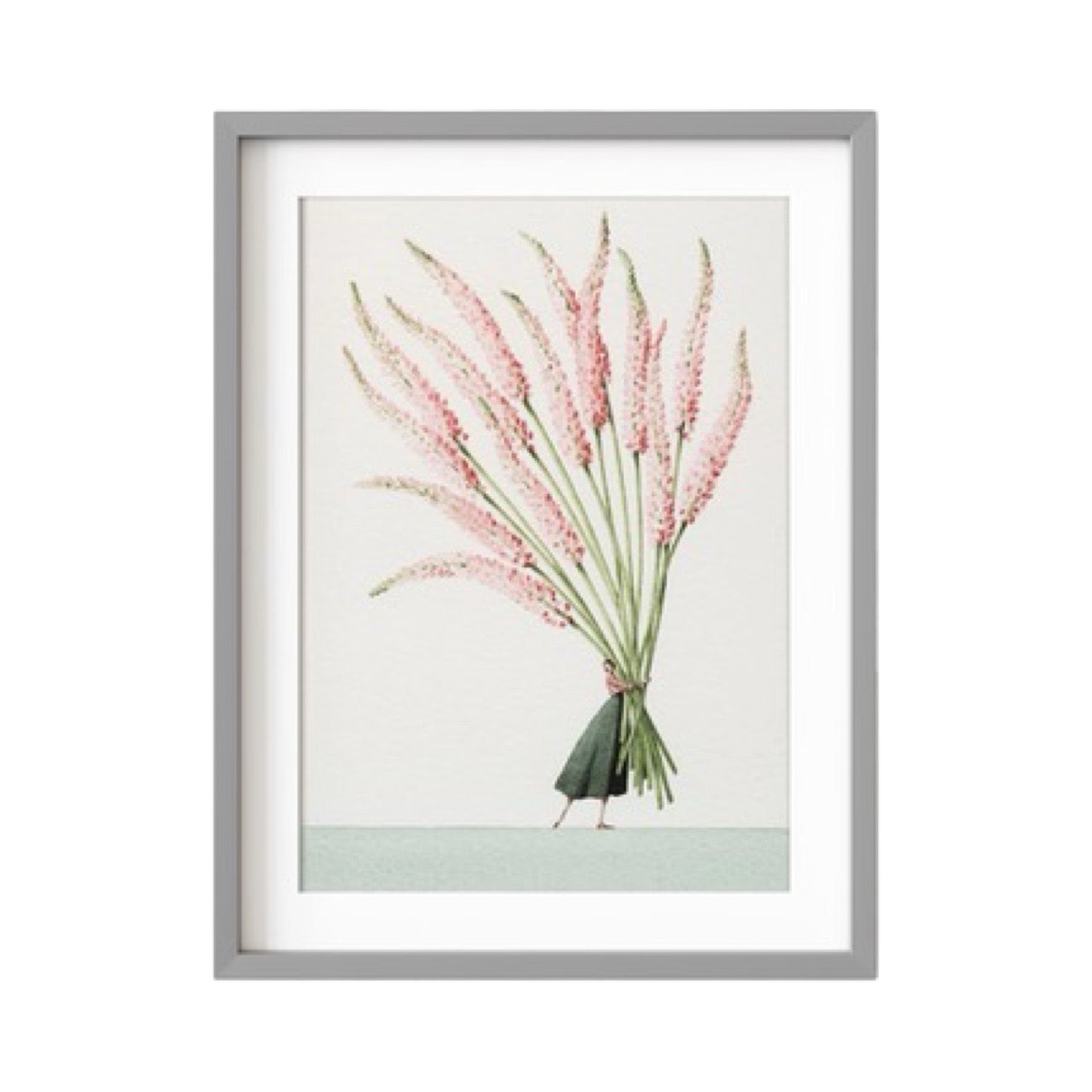 A print of a bunch of pink Foxtails being held by a lady dressed in a long flowing green dress and a red and white stripy top. 