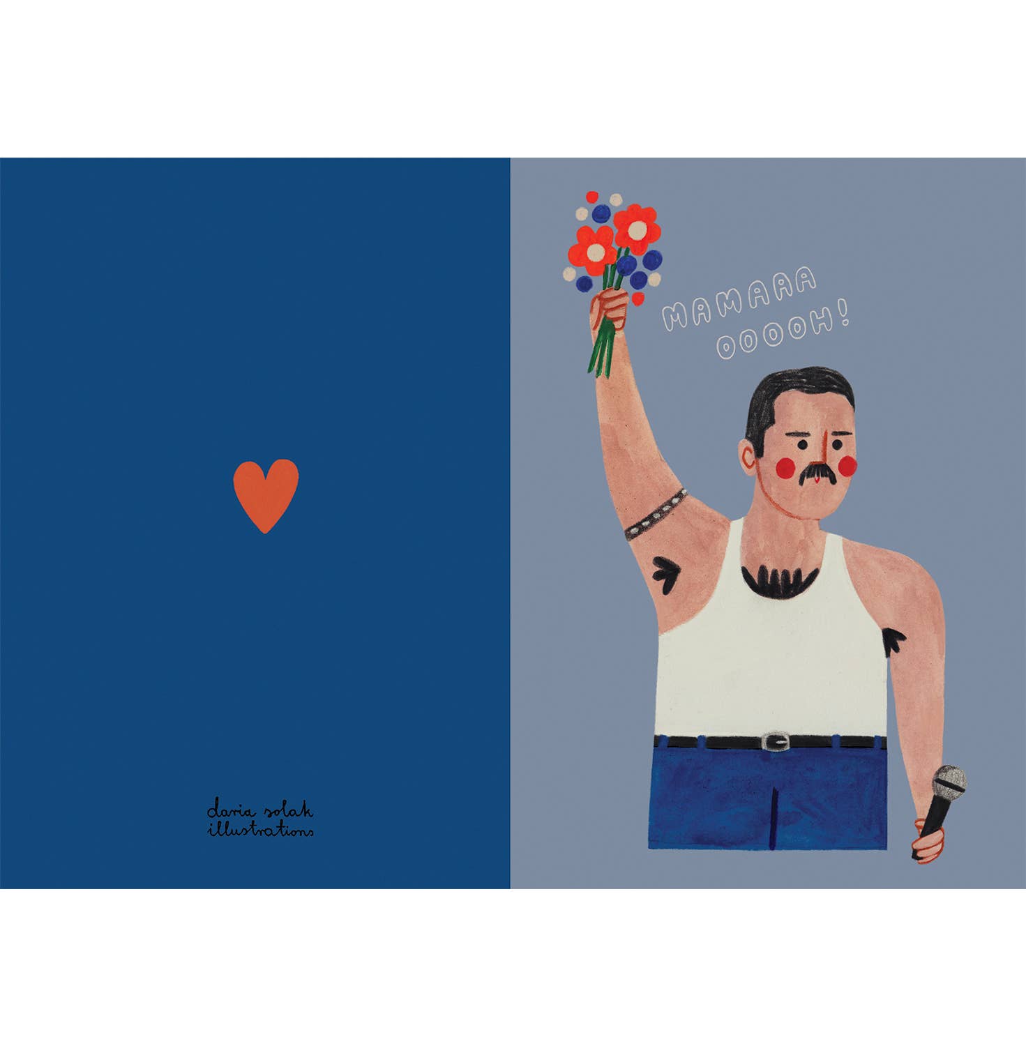 Illustration of a Freddie Mercury holding flowers with text and a heart on a blue background.