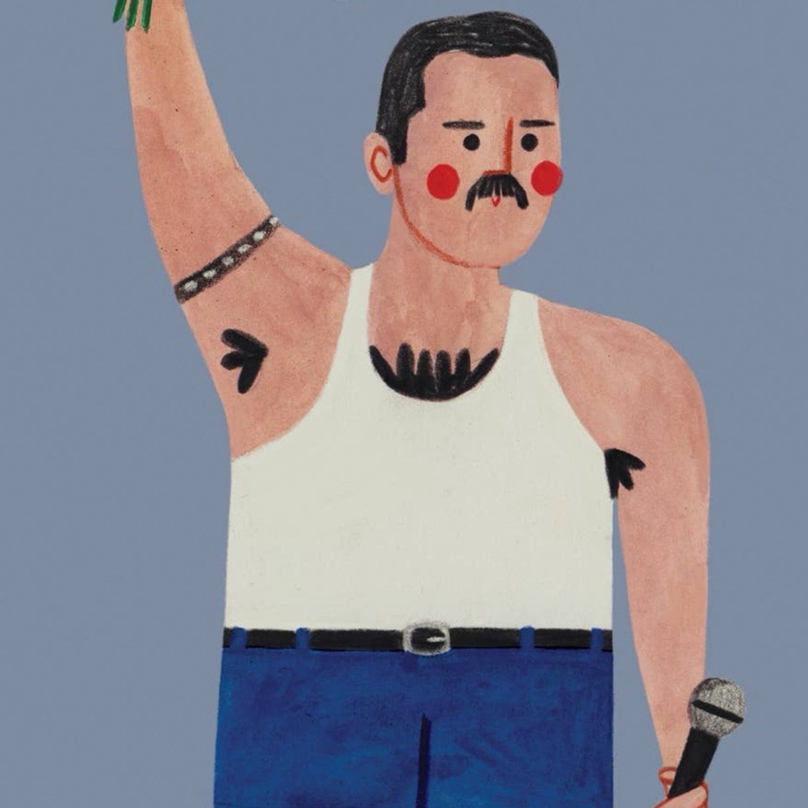 Illustration of Freddy Mercury holding a microphone against a blue background.