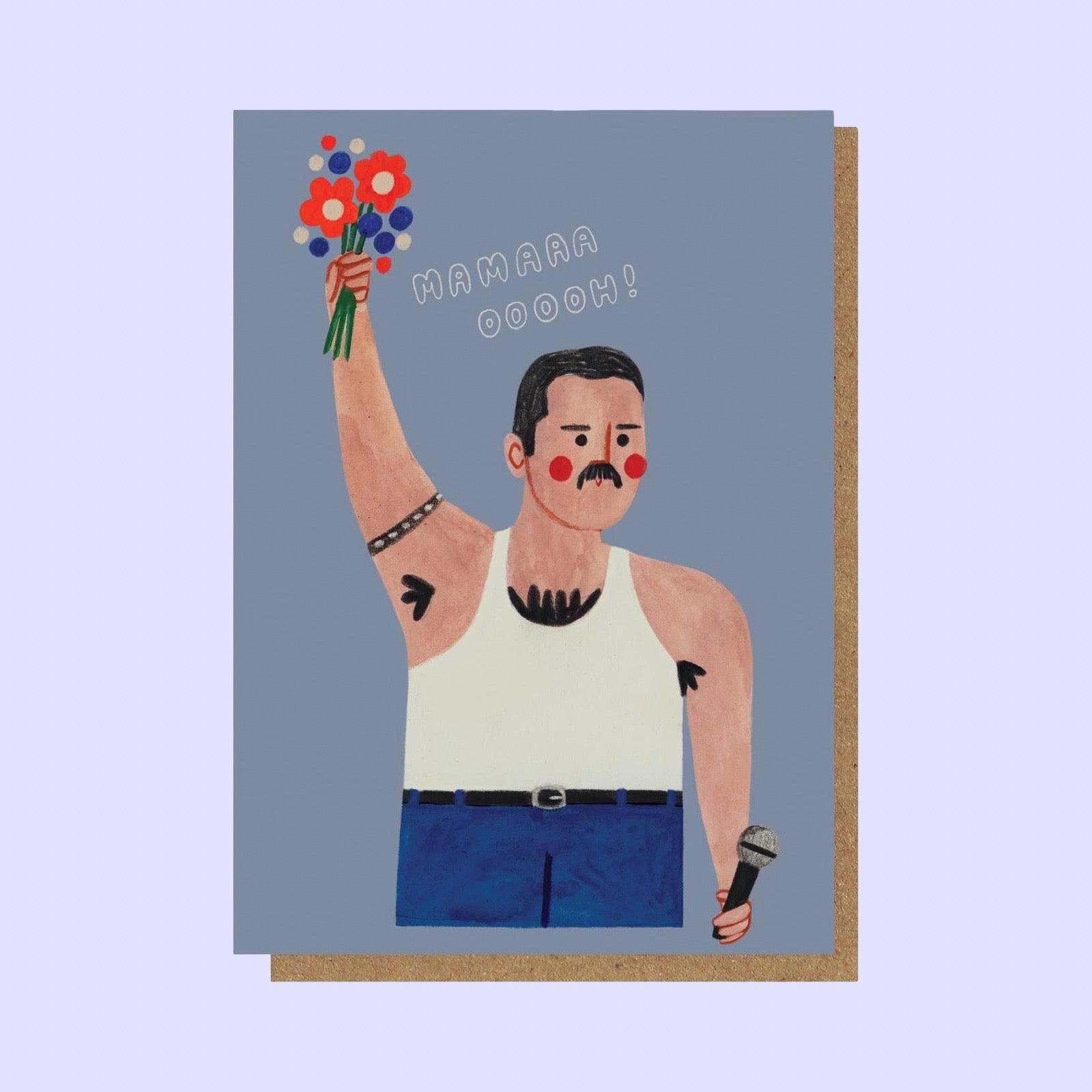 Card with illustration of Freddie Mercury holding flowers and a microphone, with text on a blue background.