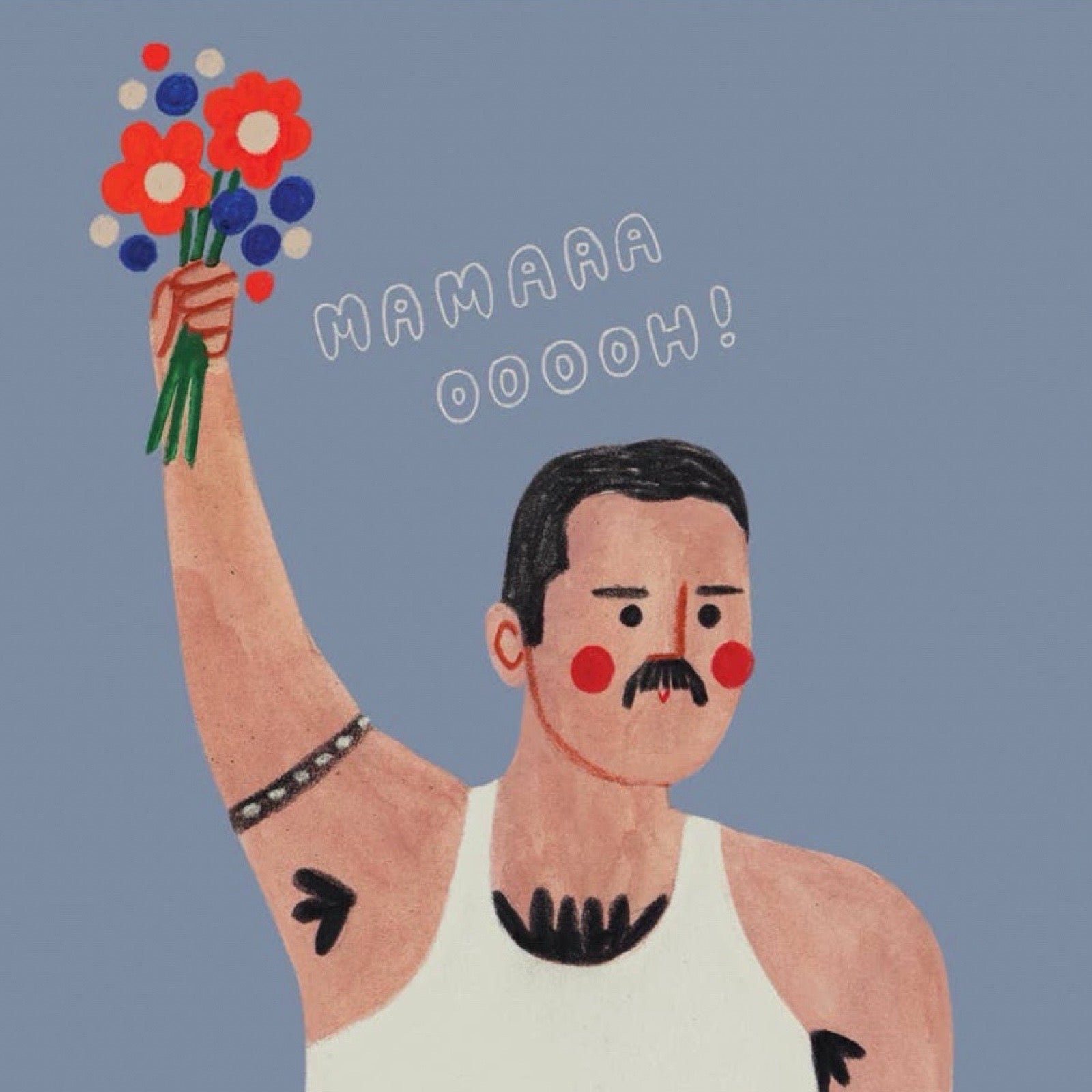 Illustration of Freddy Mercury holding flowers with text on a blue background.