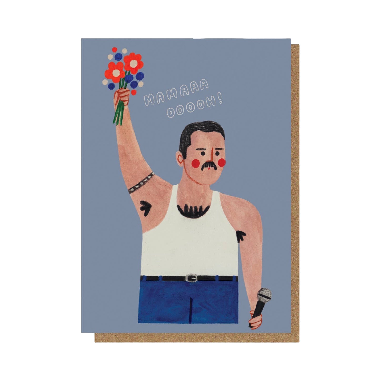 Card with illustration of a Freddie Mercury holding flowers and a microphone, on a blue background.