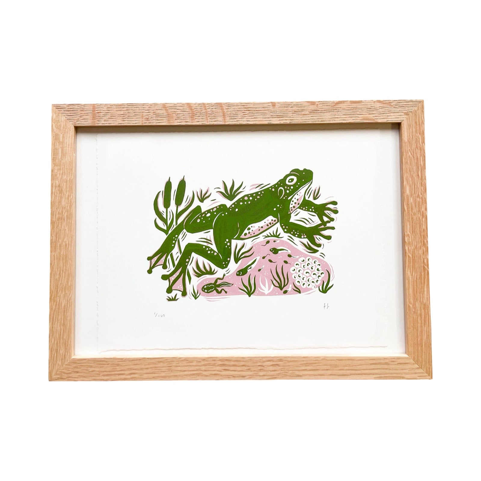 This frog screen print is printed in dark green and dusky pink. It features a large green frog leaping over a pond and is printed on hand-torn, thick, satin white paper.