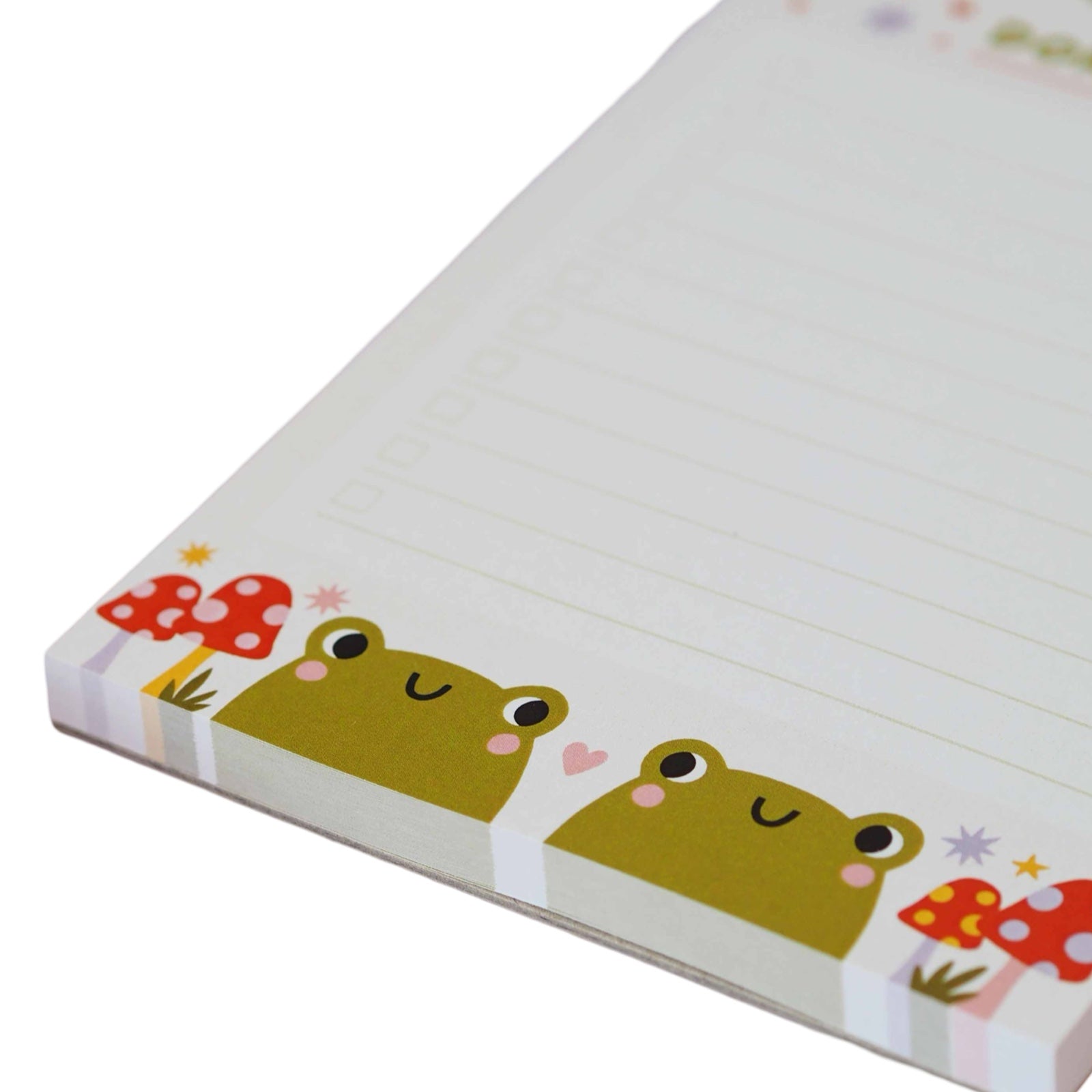 A 50-page pink tear-off notepad with two gorgeous green frogs and red toadstools along the bottom.