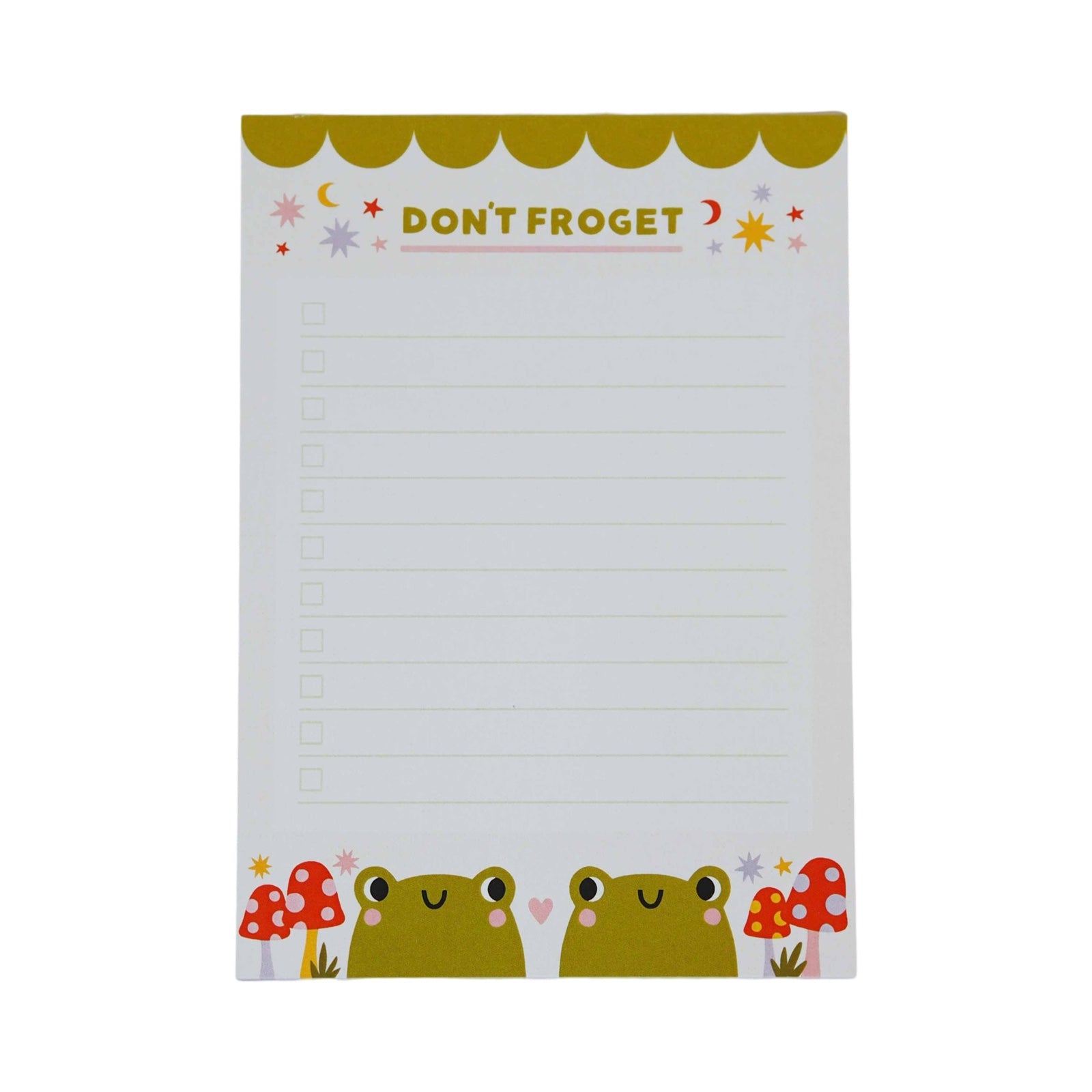 A 50-page pink tear-off notepad with two gorgeous green frogs and red toadstools along the bottom and the text 'Don't Froget',