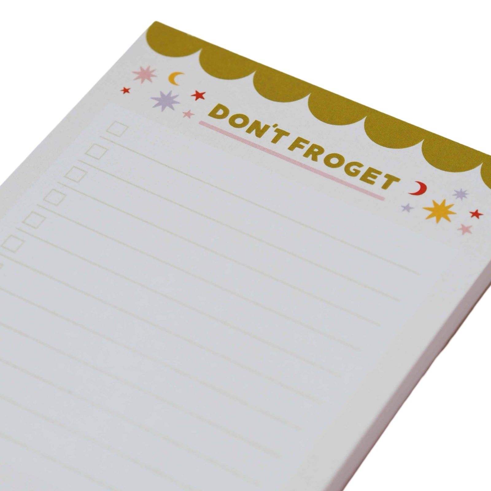 A 50-page pink tear-off notepad with text 'Don't Froget' written along the top in green under a green scalloped edge.