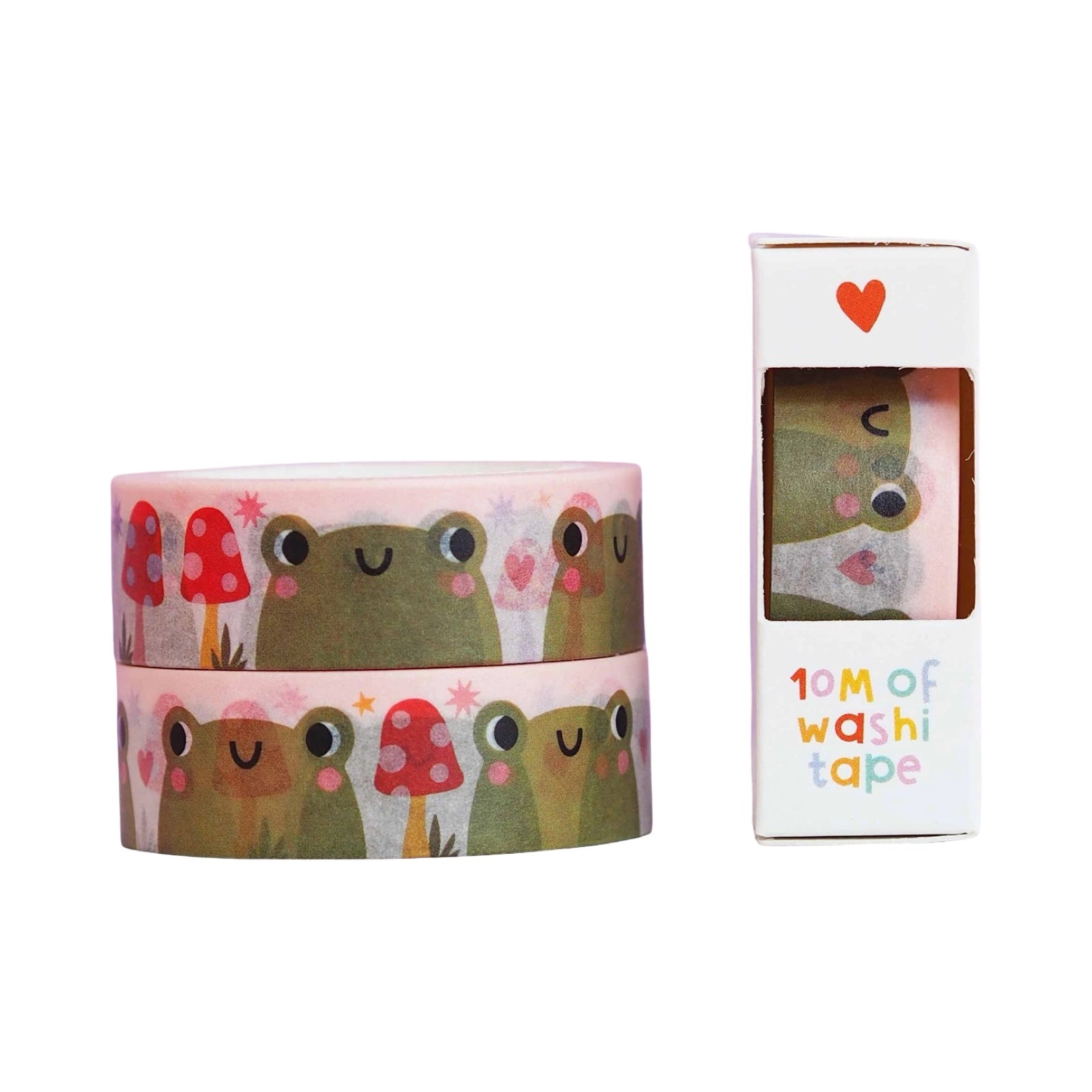 Washi tape with frog and mushroom design and packaging on a white background.