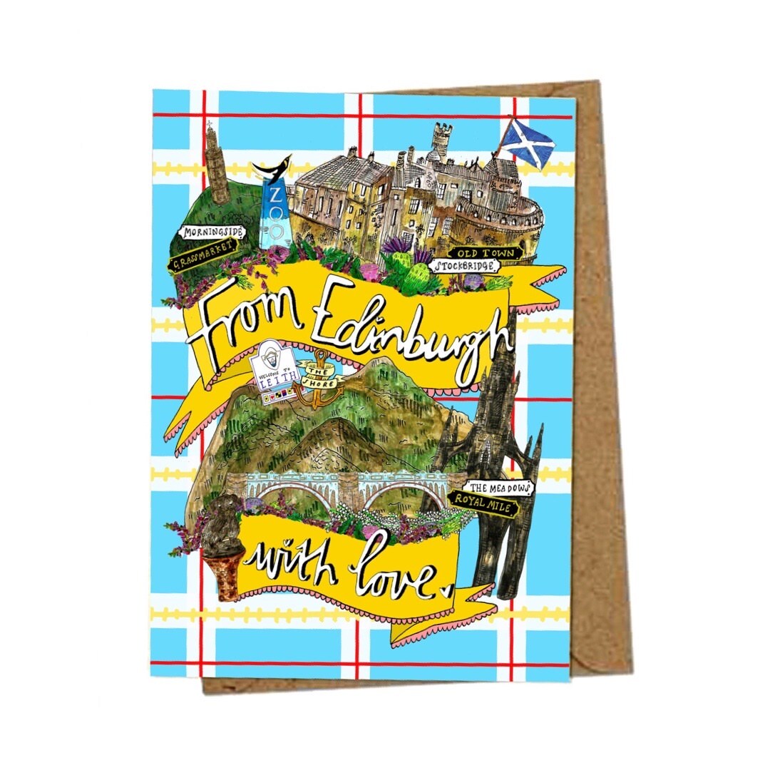 Send love home from your visit to Edinburgh with this lovely card, featuring the text 'From Edinburgh with Love' in a yellow banner surrounded by illustrations of Edinburgh castle, Arthur's Seat and other Edinburgh landmarks.