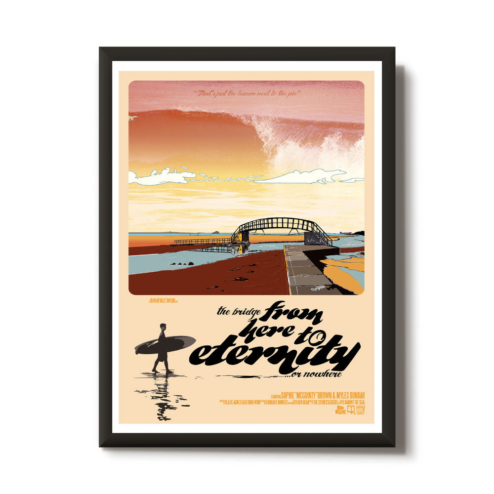 This print features a movie poster design with an illustration of the bridge to nowhere in Belhaven Beach, Dunbar.