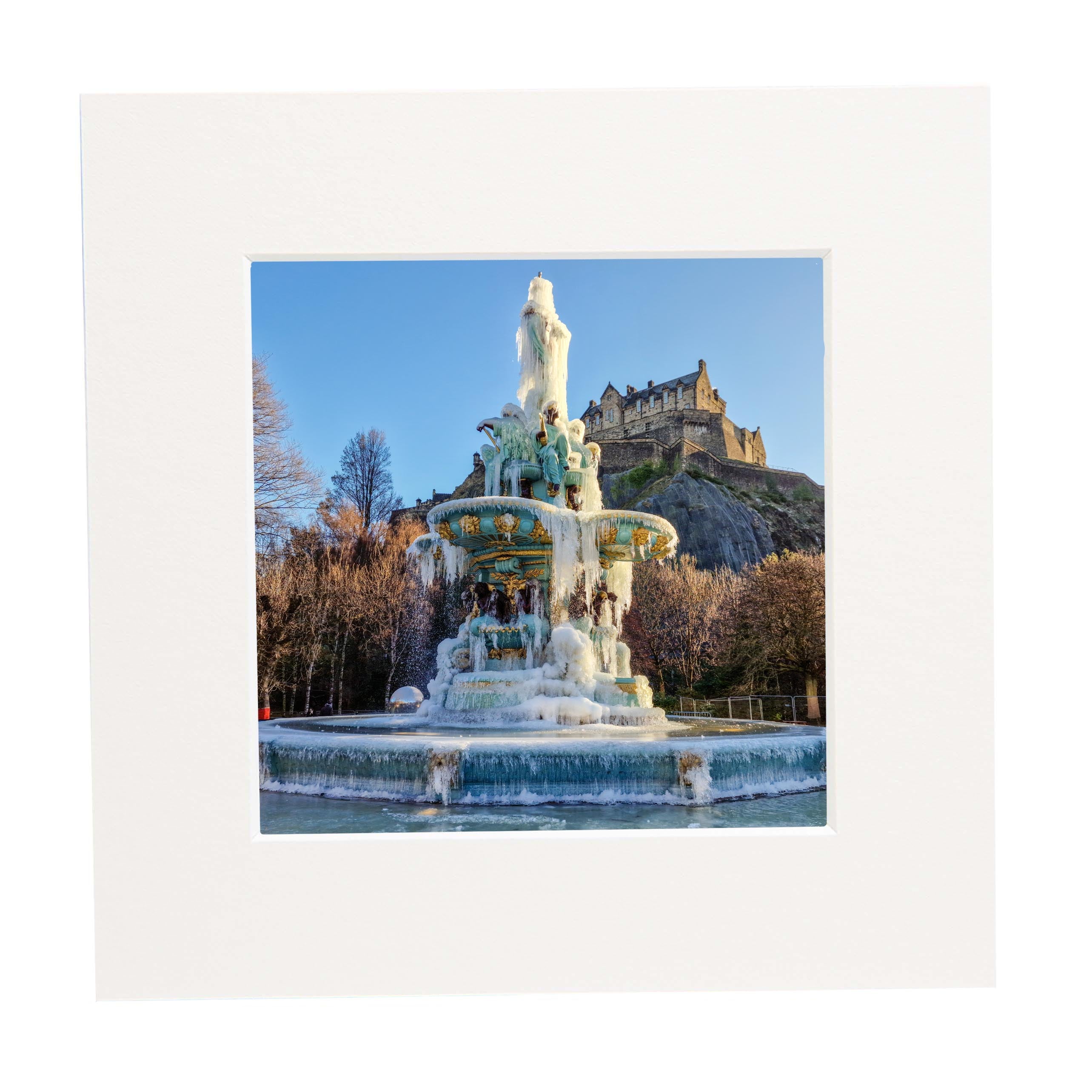 An image of the Ross Fountain Frozen in a square mount. 