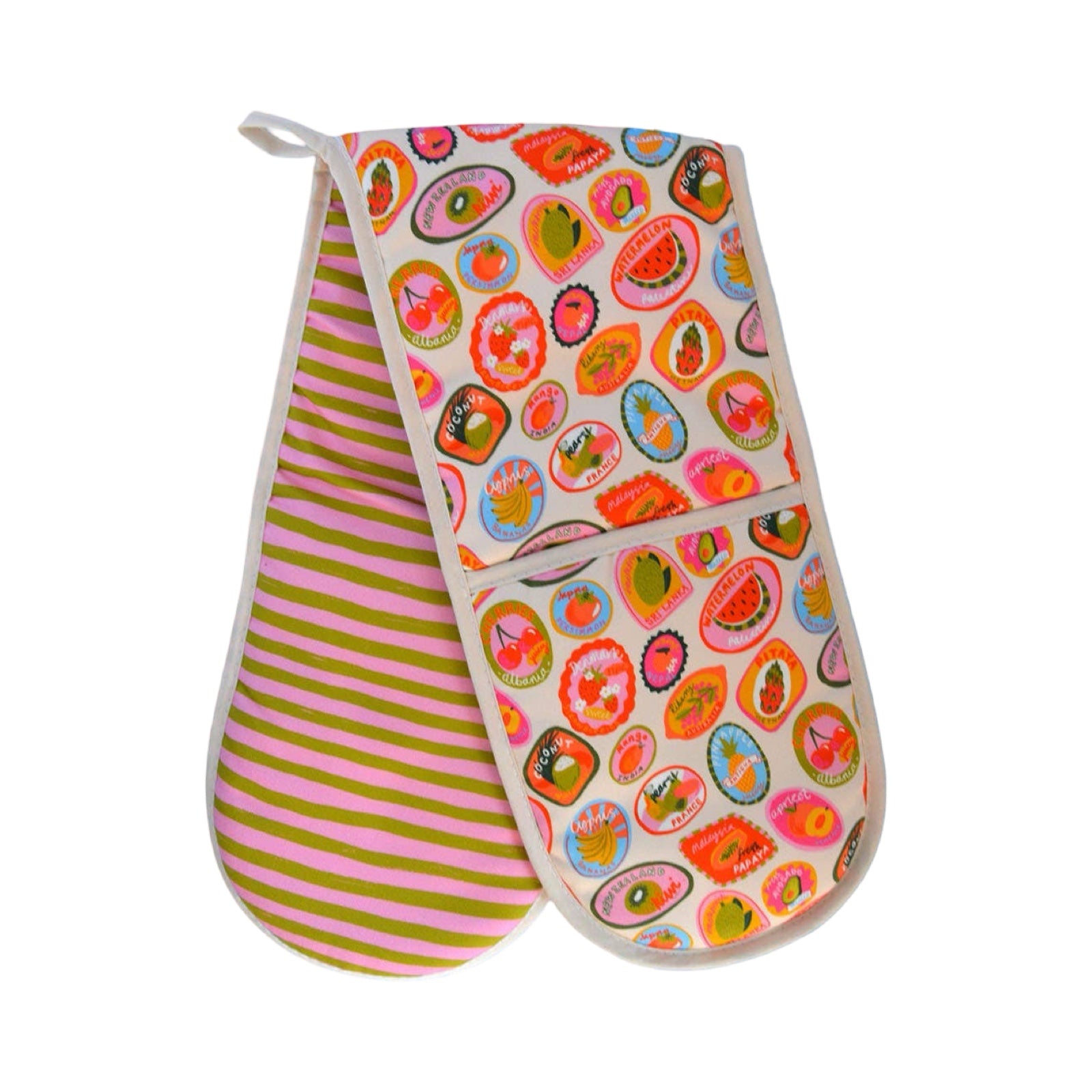 Pair of oven mitts with colourful fruit pattern and striped design on a white background.