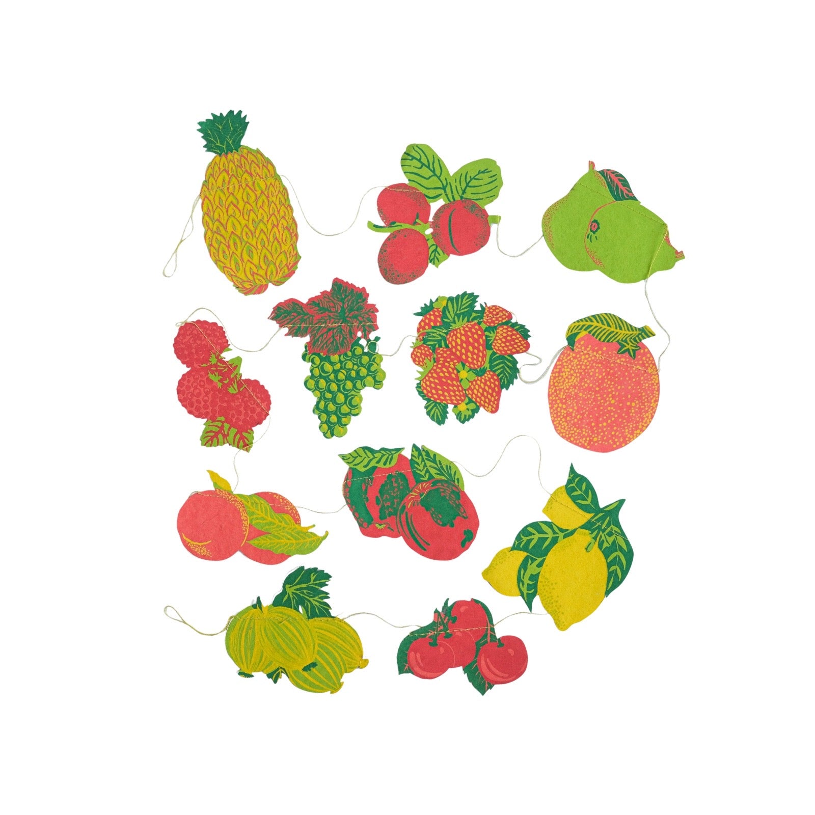 Decorative string with colourful fruit-shaped ornaments on a white background.