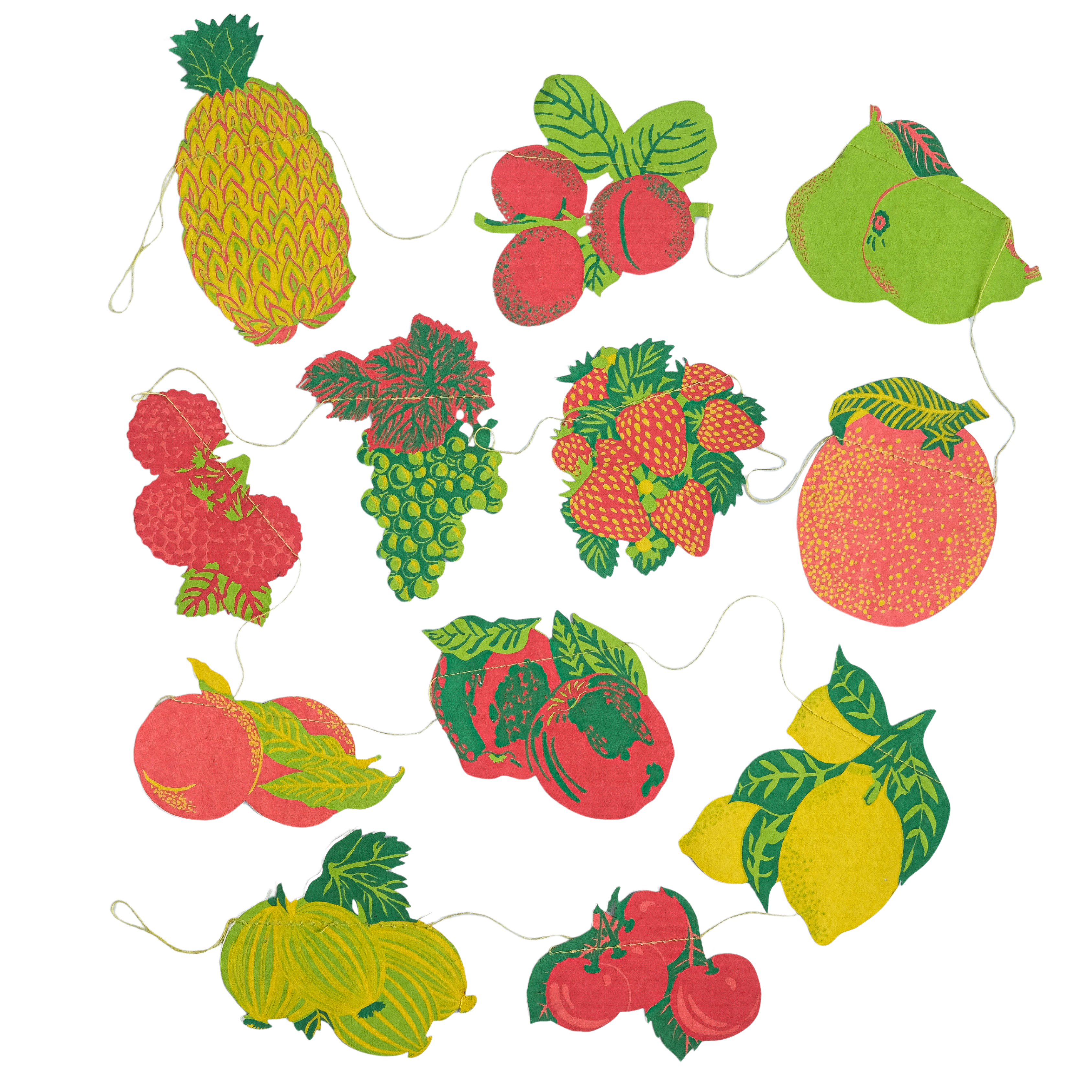 Decorative string with colorful fruit-shaped garland on a white background.