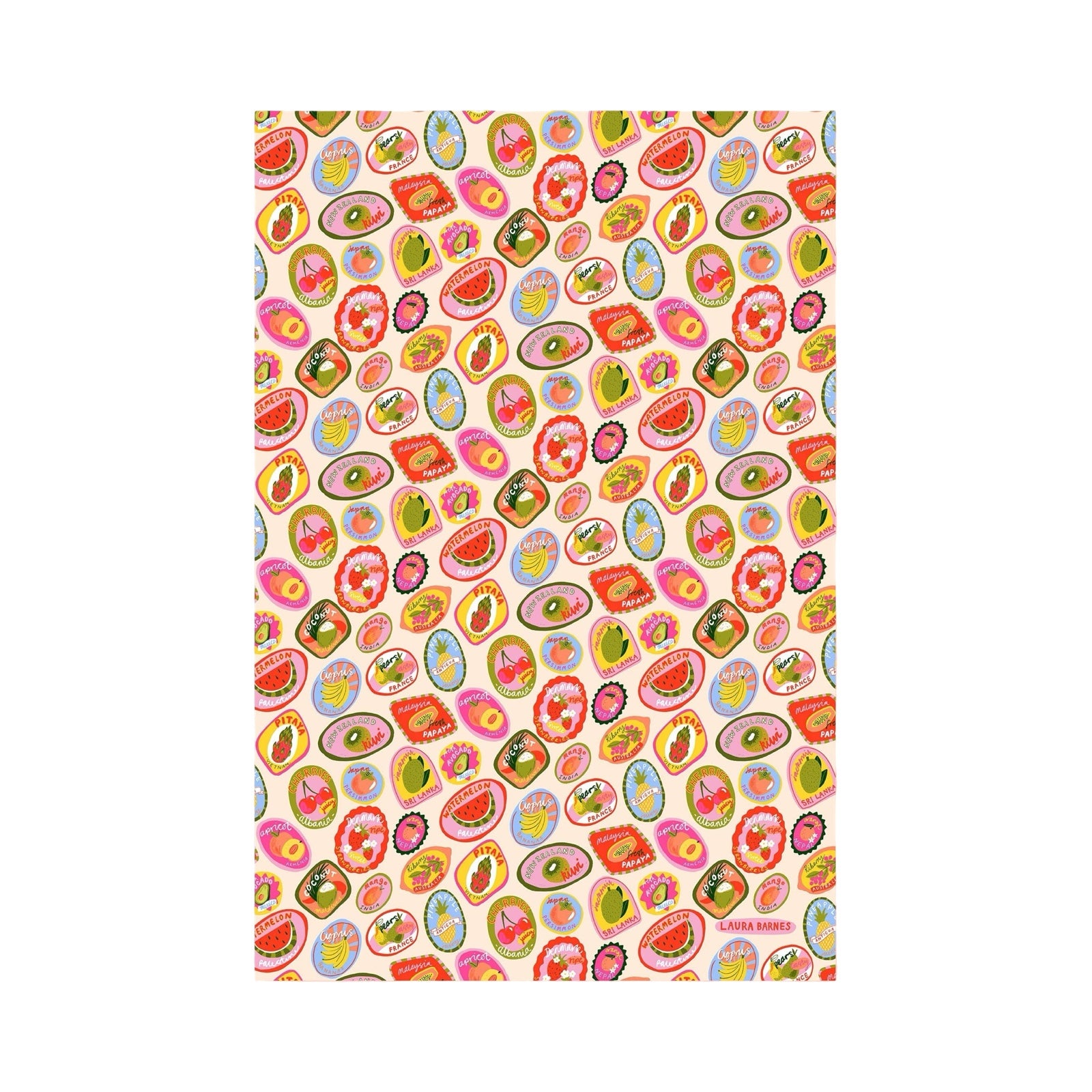Patterned notebook with colourful fruit design on a white background.