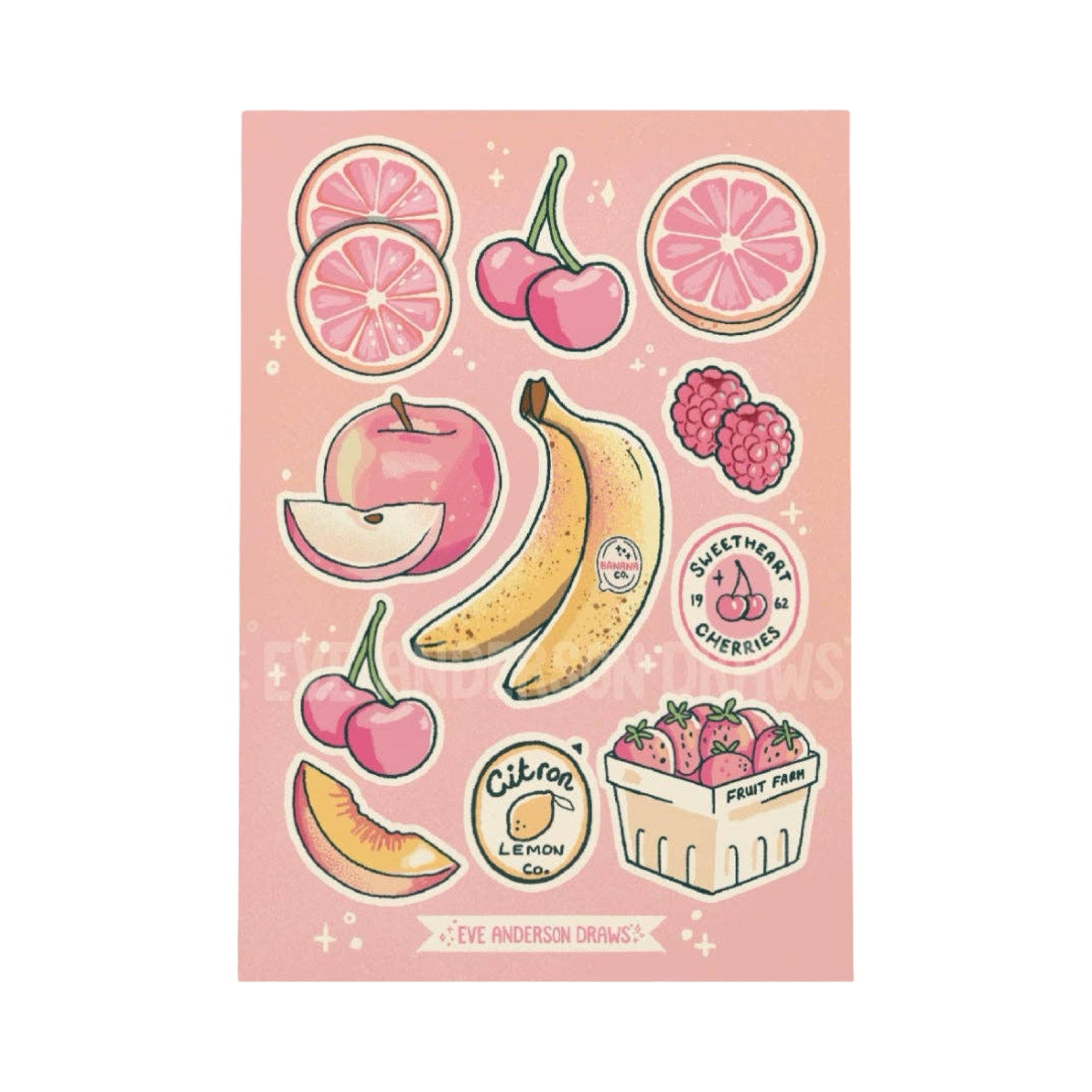 This fruit-themed sticker sheet features 11 individual stickers, including cherries, bananas, and raspberries.