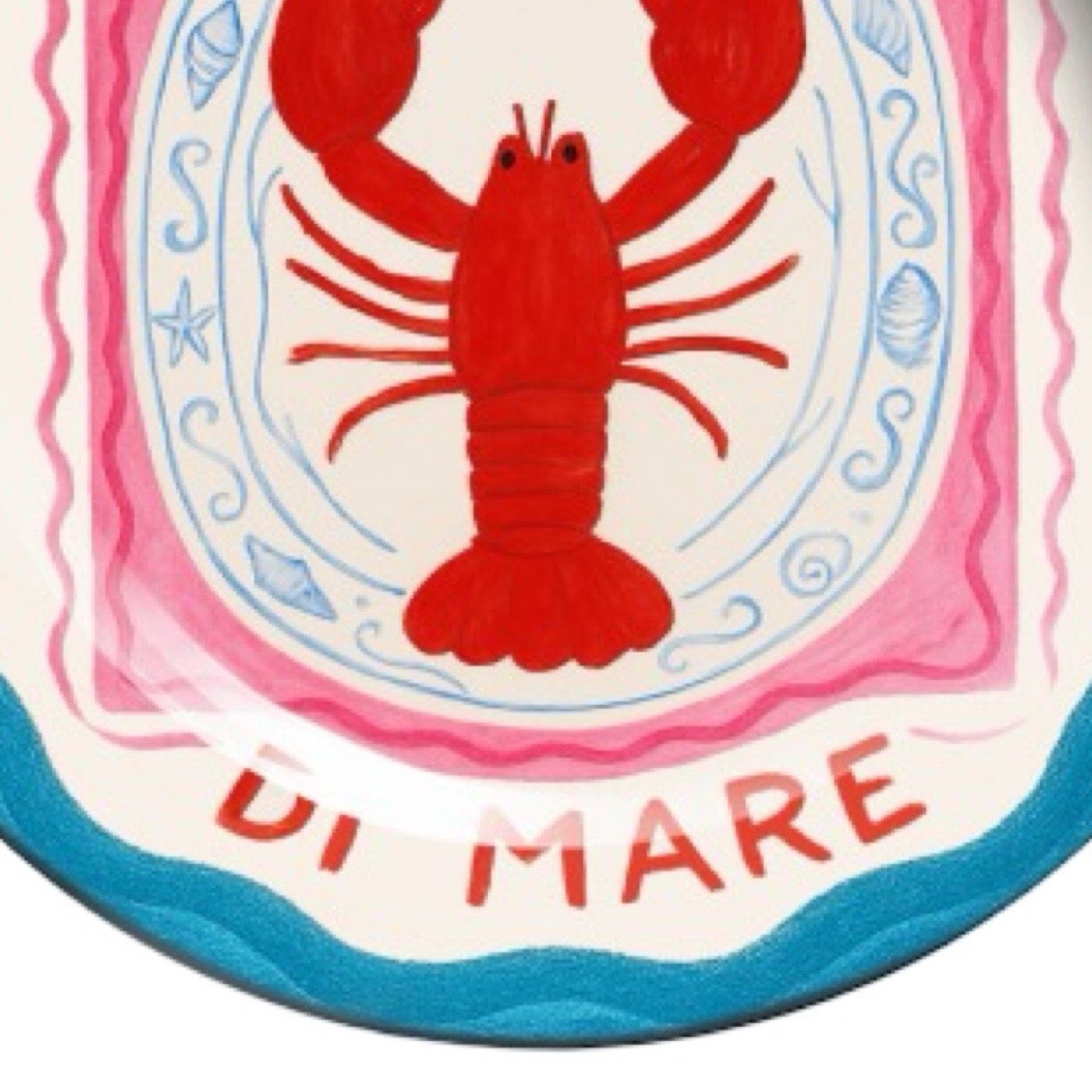 Decorative plate with a red lobster illustration and 'Frutti Di Mare' text on a white background.