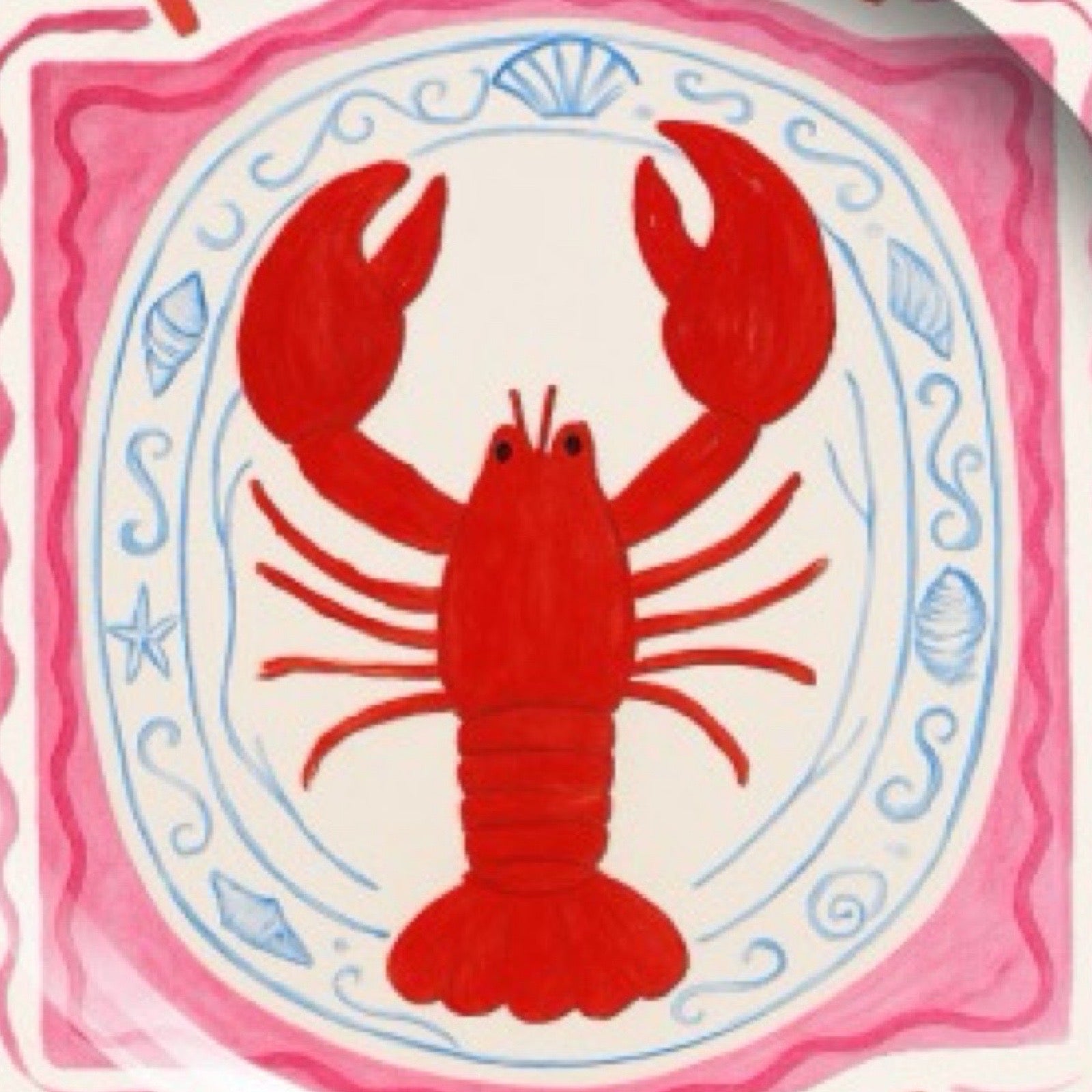 Decorative plate with a red lobster illustration and 'Frutti Di Mare' text on a white background.