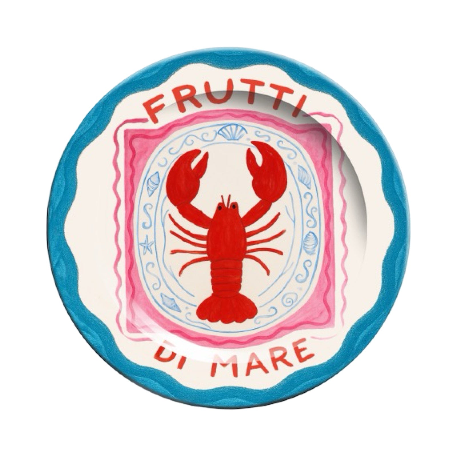 Decorative plate with a red lobster illustration and 'Frutti Di Mare' text on a white background.