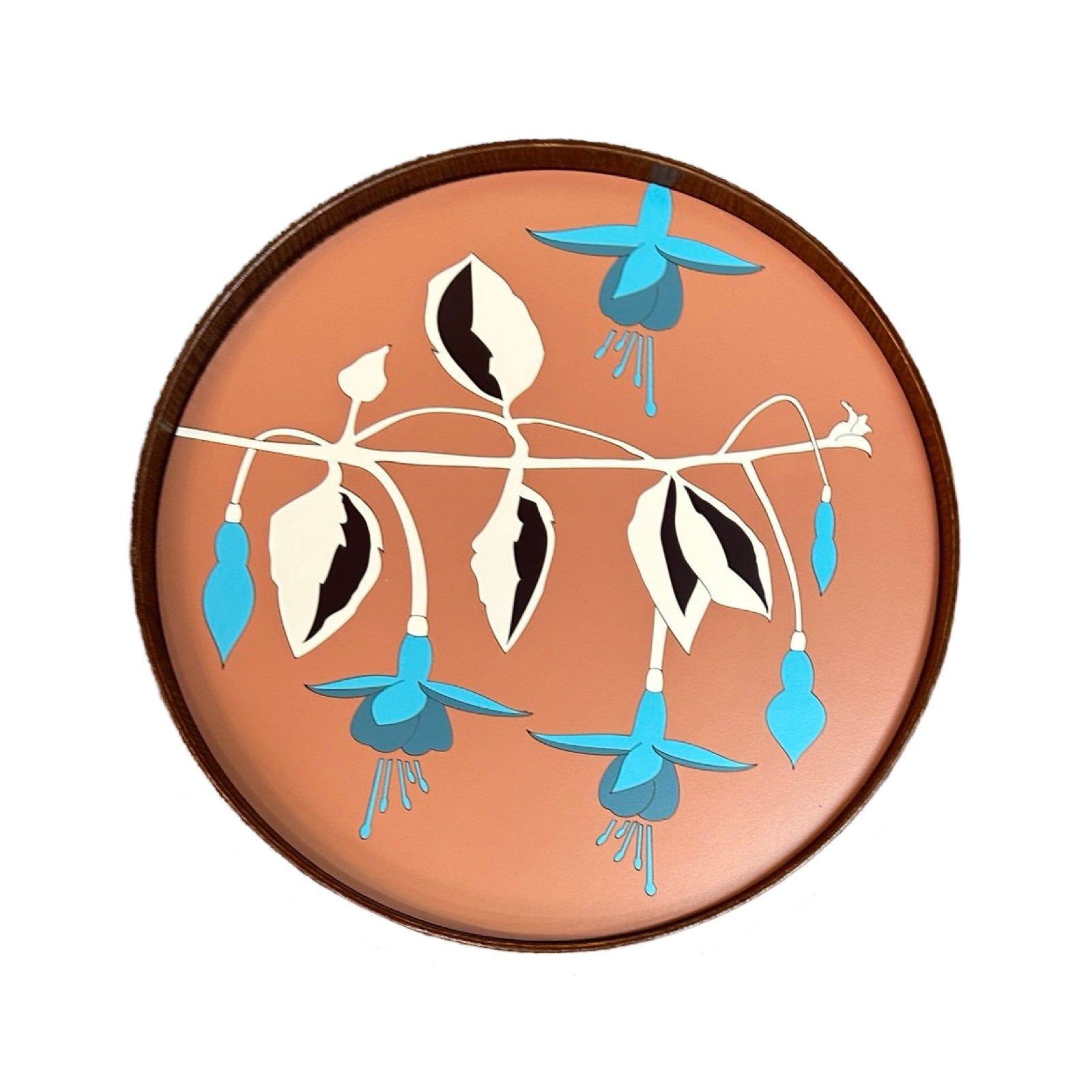Handmade serving trays are made from bamboo with a colourful fuchsia flower design.