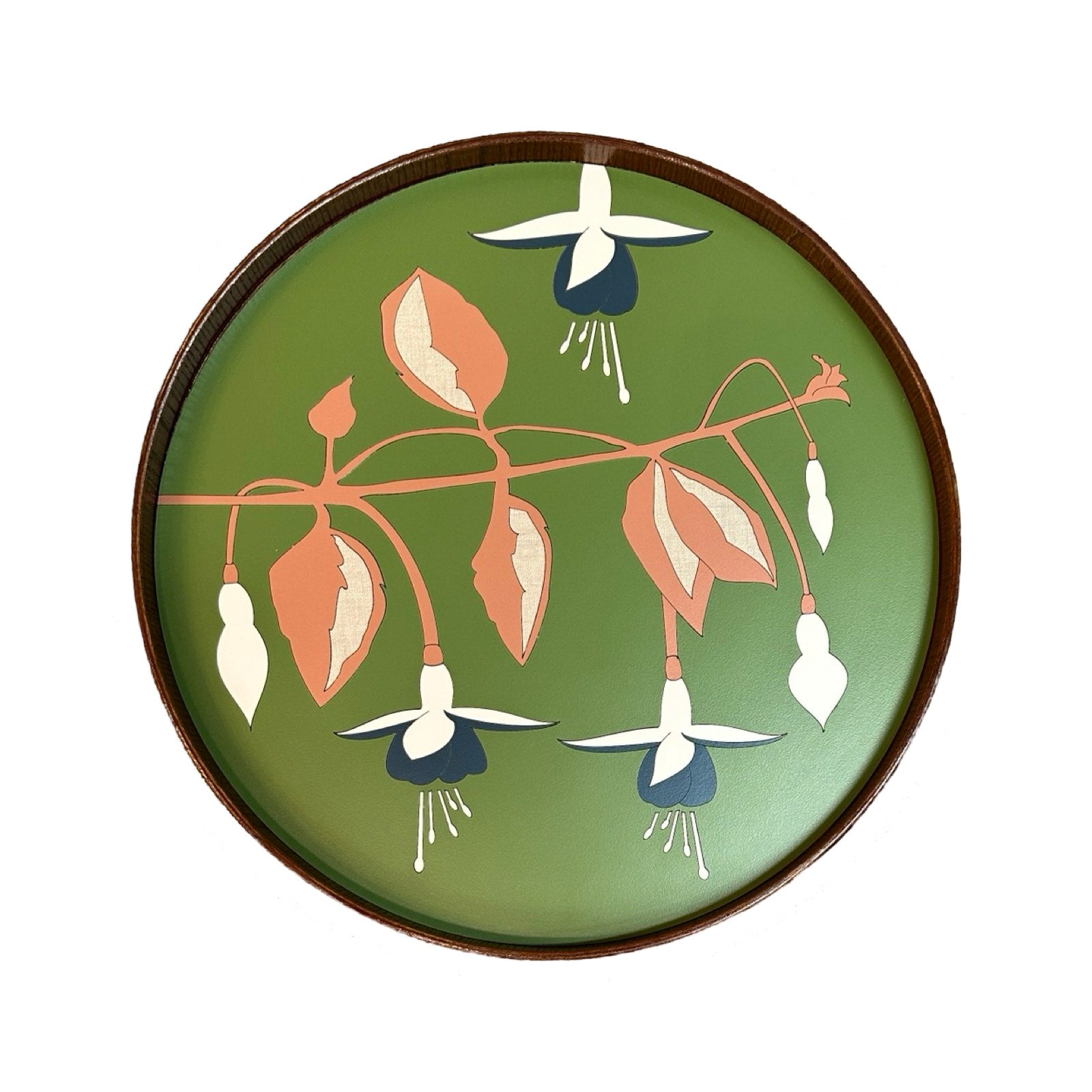 Handmade serving trays are made from bamboo with a colourful fuchsia flower design.