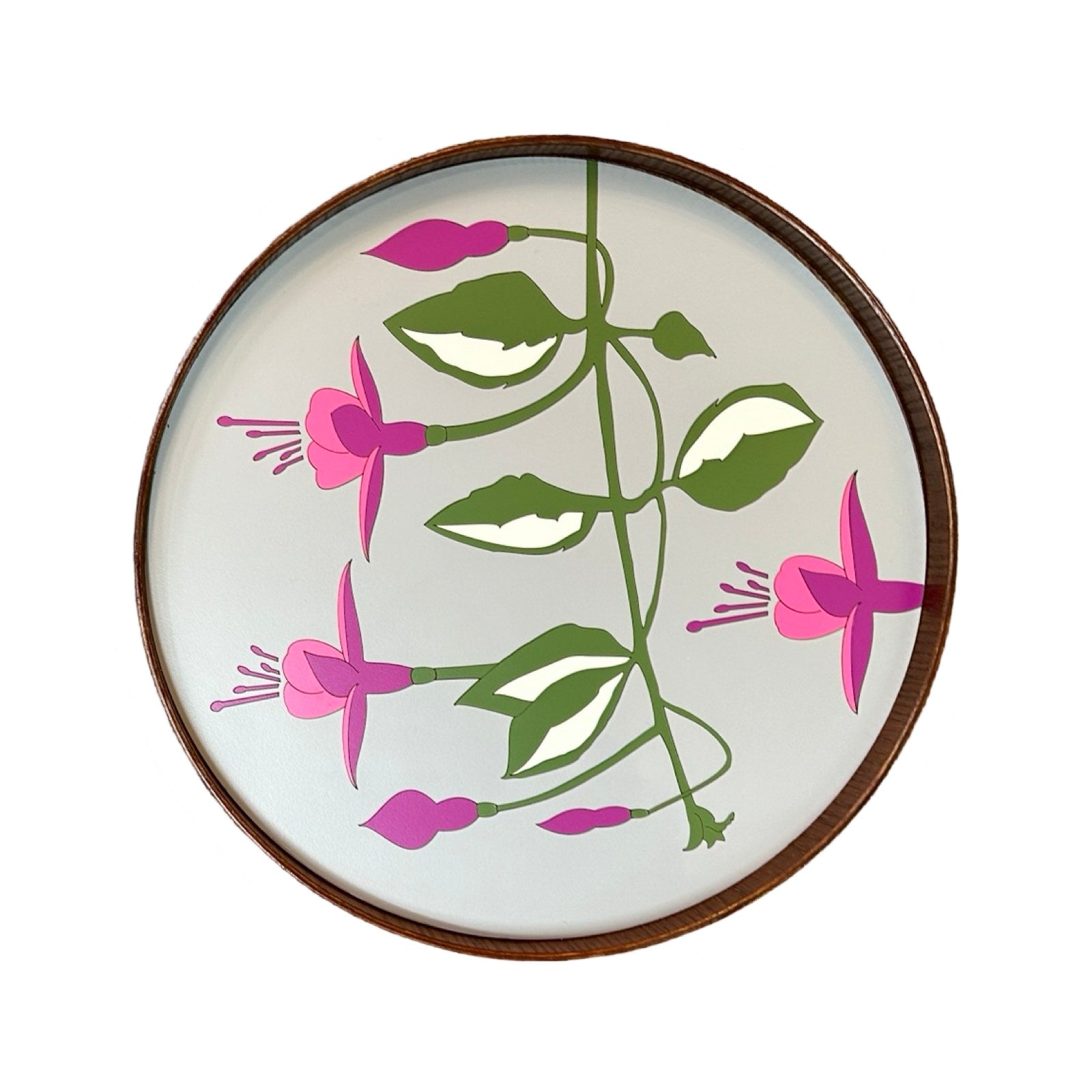 Handmade serving trays are made from bamboo with a colourful fuchsia flower design.