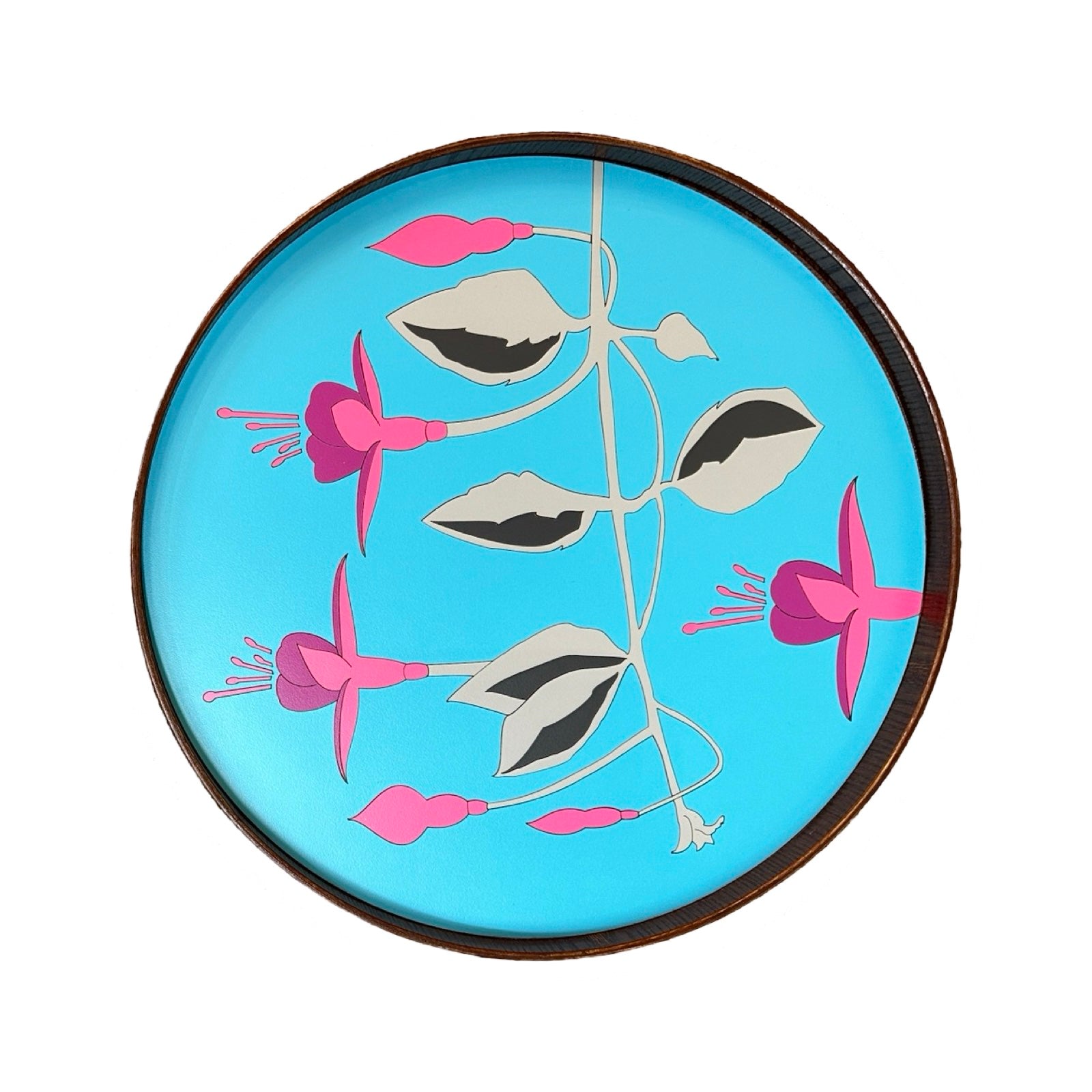 Handmade serving trays are made from bamboo with a colourful fuchsia flower design.