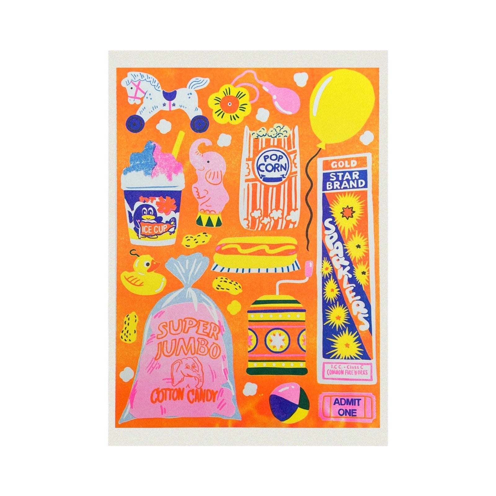 Colourful vintage-style poster with various funfair illustrations on an orange background.