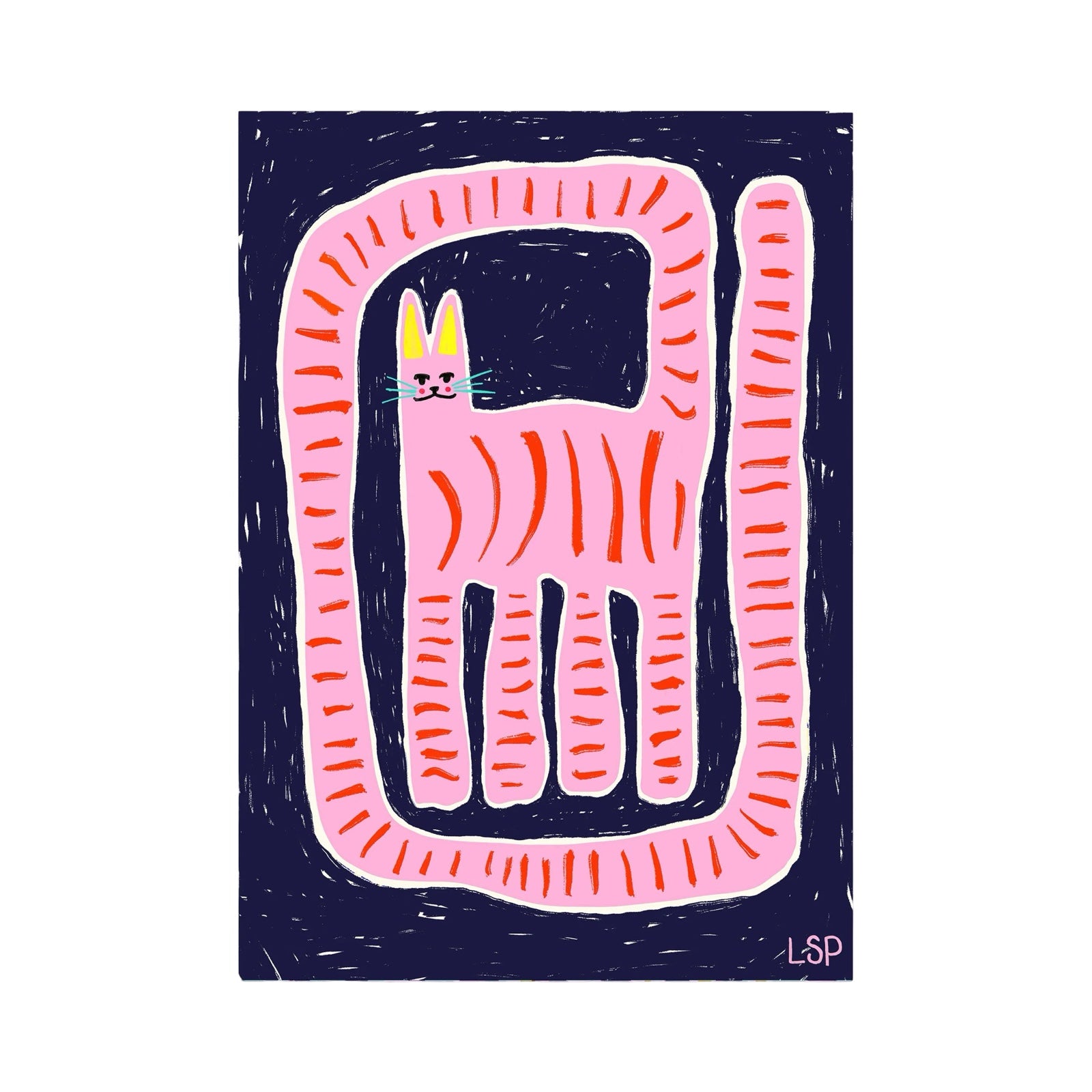 This cat print features an illustration of a pink cat with red stripes and an extremely long tail. 