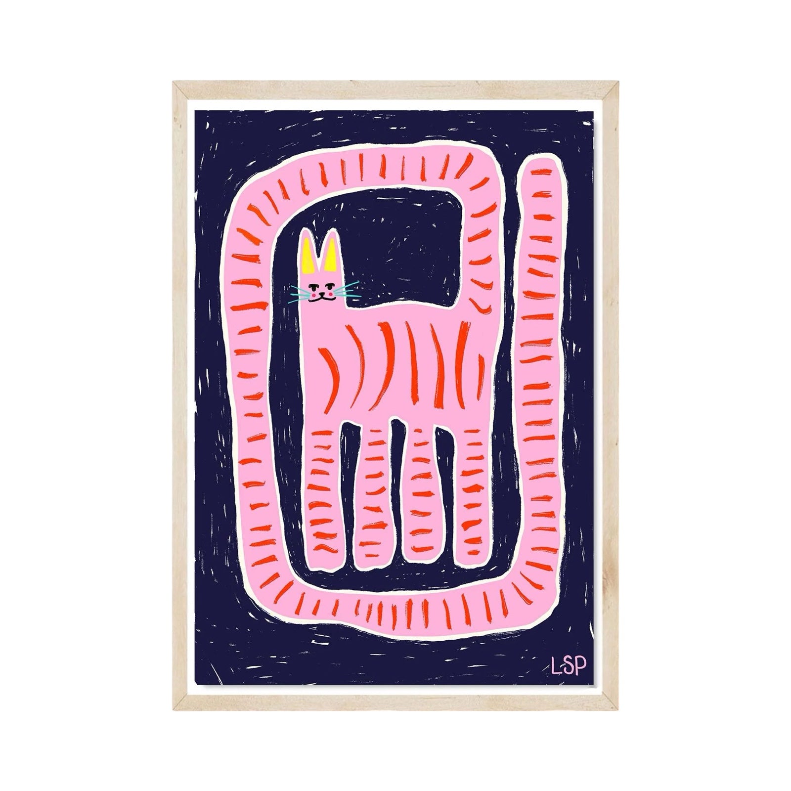 This cat print features an illustration of a pink cat with red stripes and an extremely long tail. 