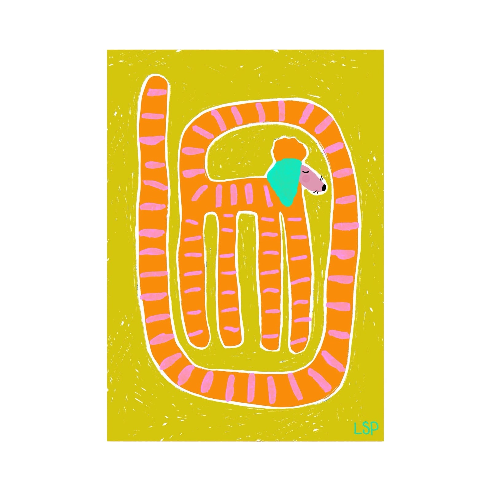 This dog print features an illustration of an orange dog with pink stripes and an extremely long tail.