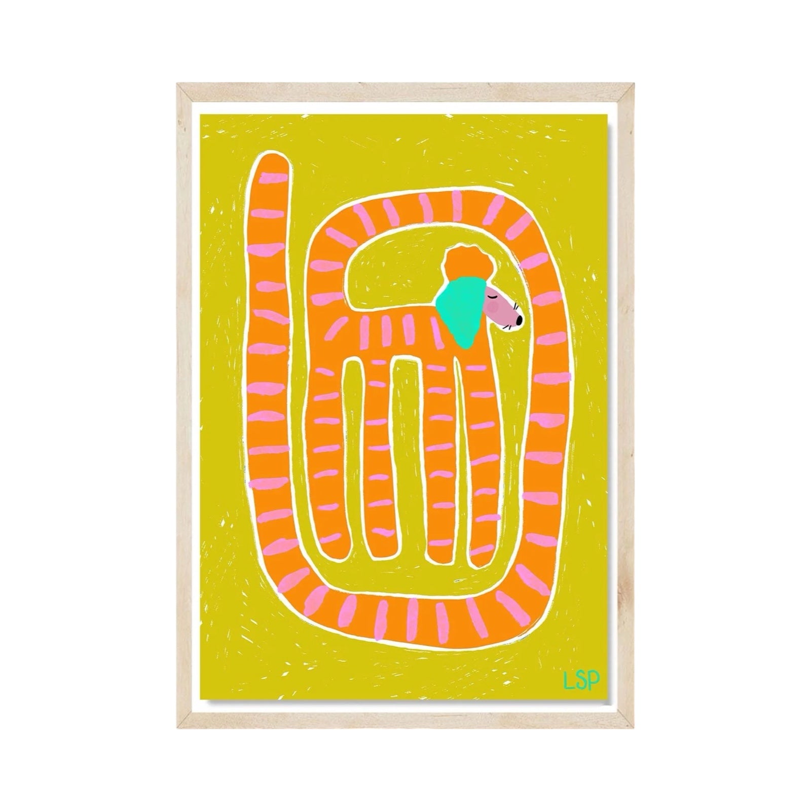 This dog print features an illustration of an orange dog with pink stripes and an extremely long tail.