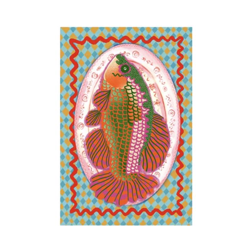 Tea towel featuring a large colourful fish on a white and pink plate against a green background with a red wavy border.