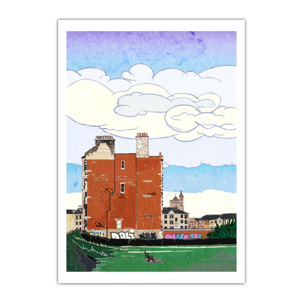 This print illustrates a traditional tenement block in Fountainbridge, Edinburgh.