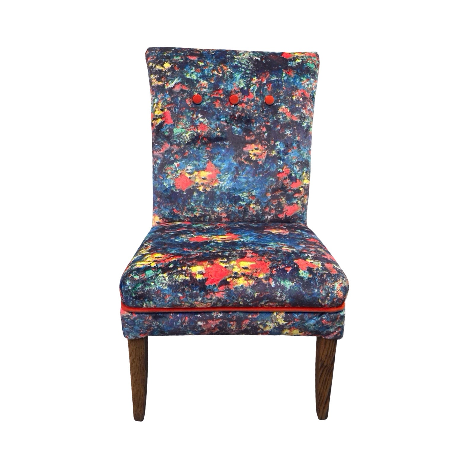 Navy chair with colourful abstract pattern on a white background