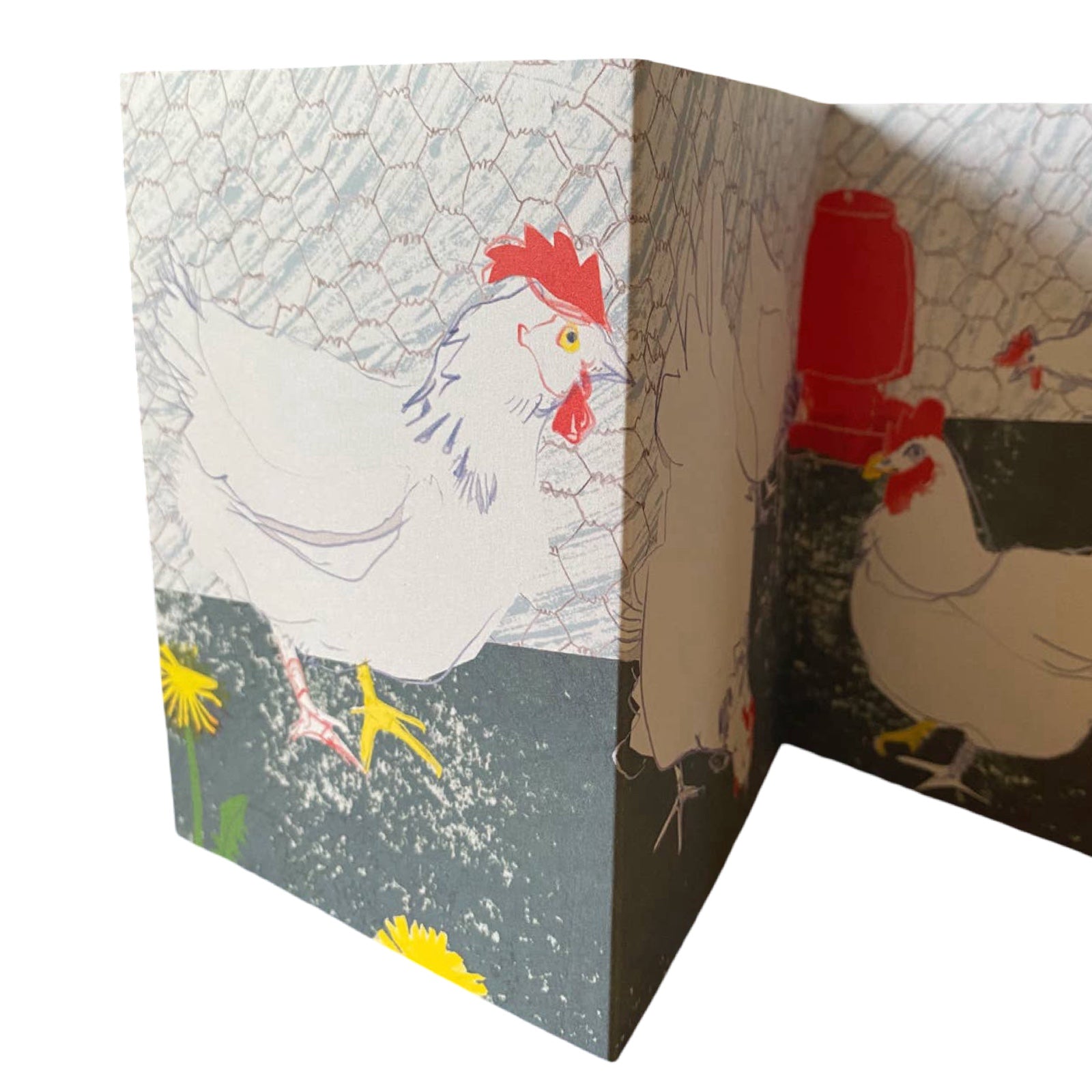 Card with illustrations of chickens on a textured background.