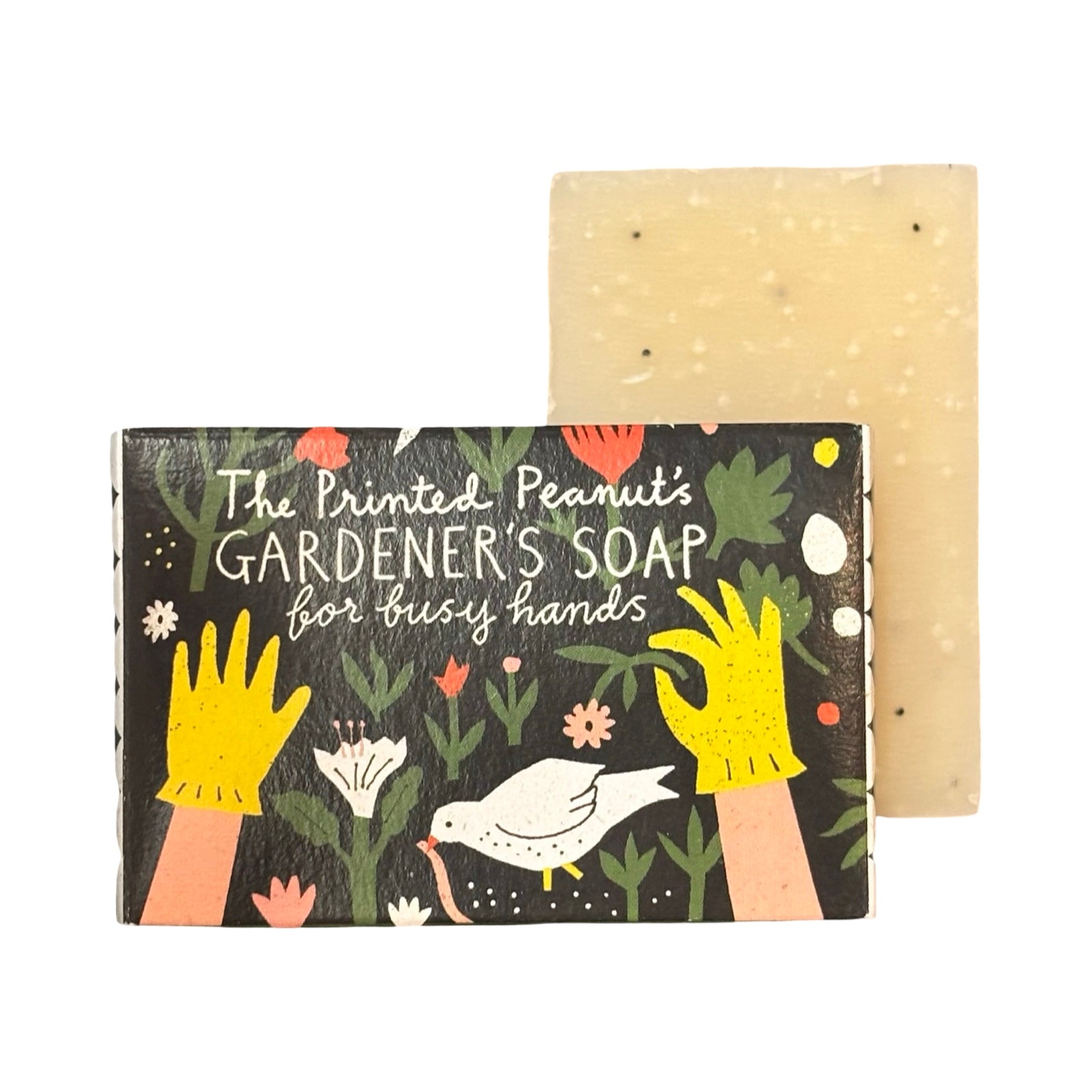 Gardener's soap with packaging featuring gardening-themed design on a white background.