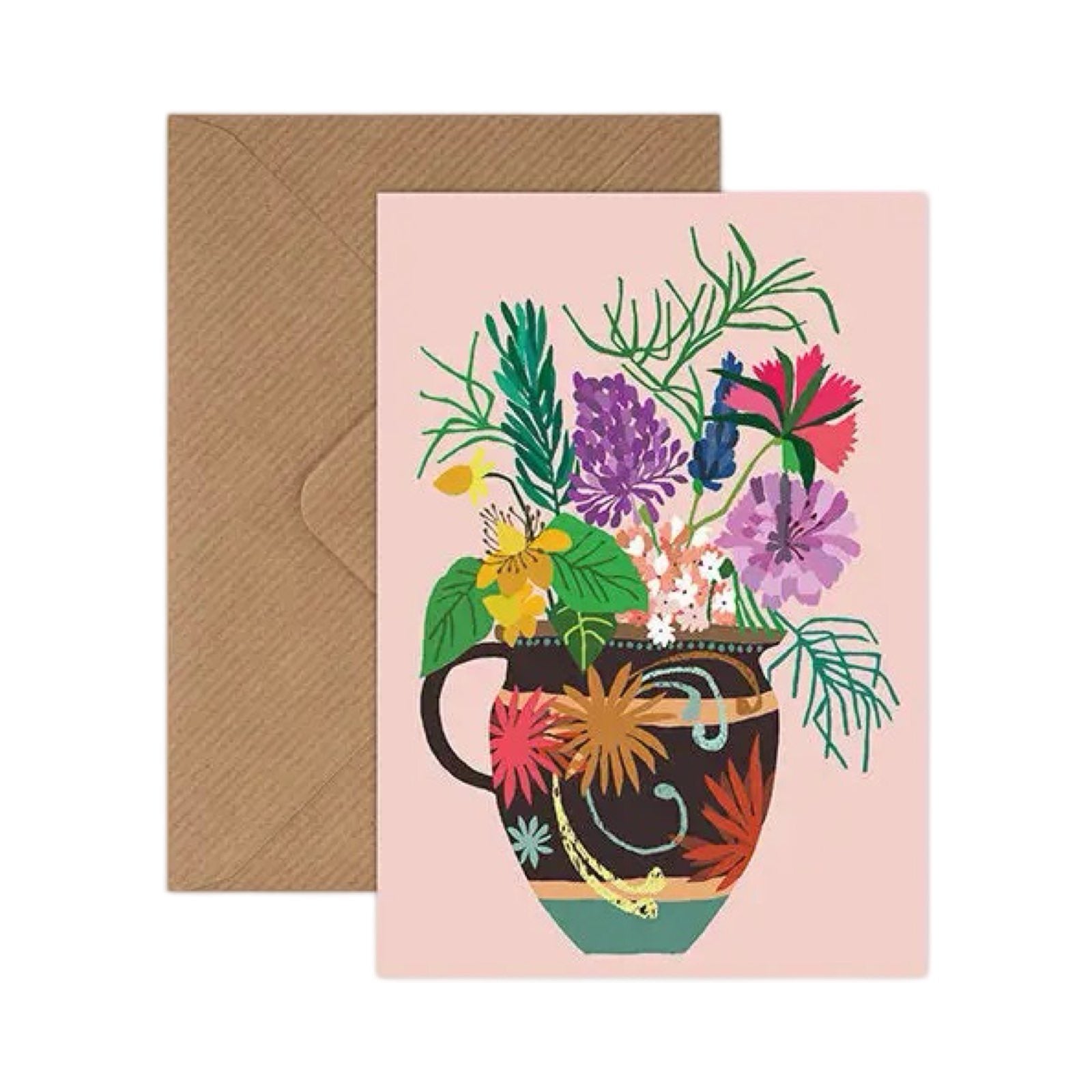 Card featuring a bunch of colourful flowers in a black and green floral vase, all on a pale pink background.