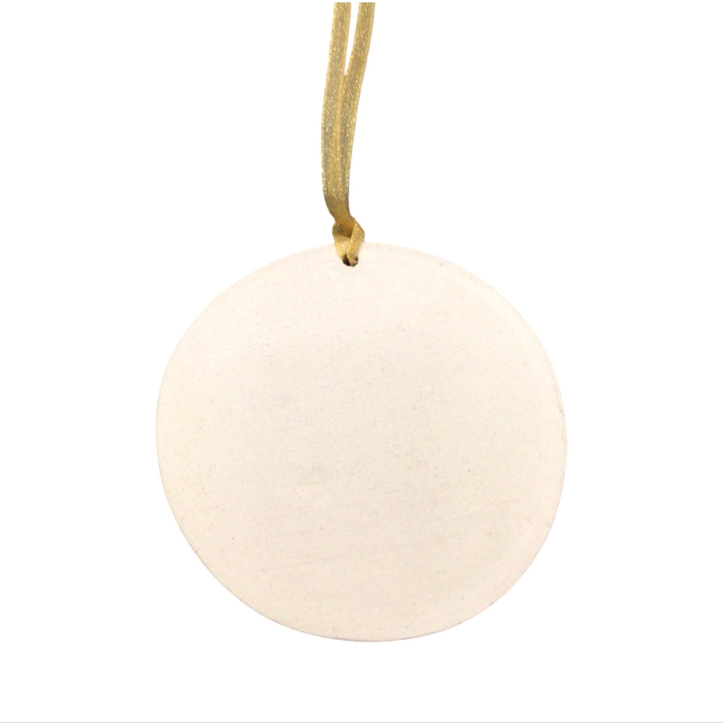 Round ceramic ornament with a string on a white background