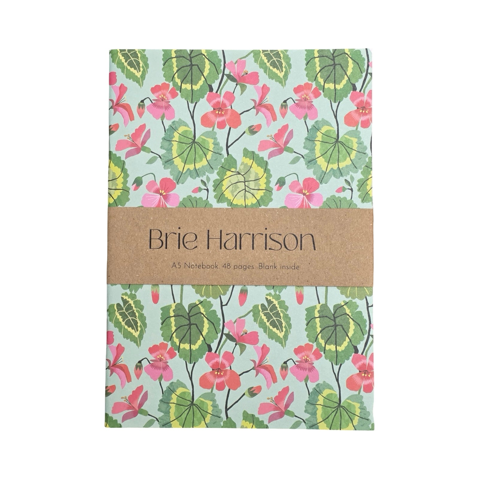 Floral notebook with 'Brie Harrison' branding on a white background.