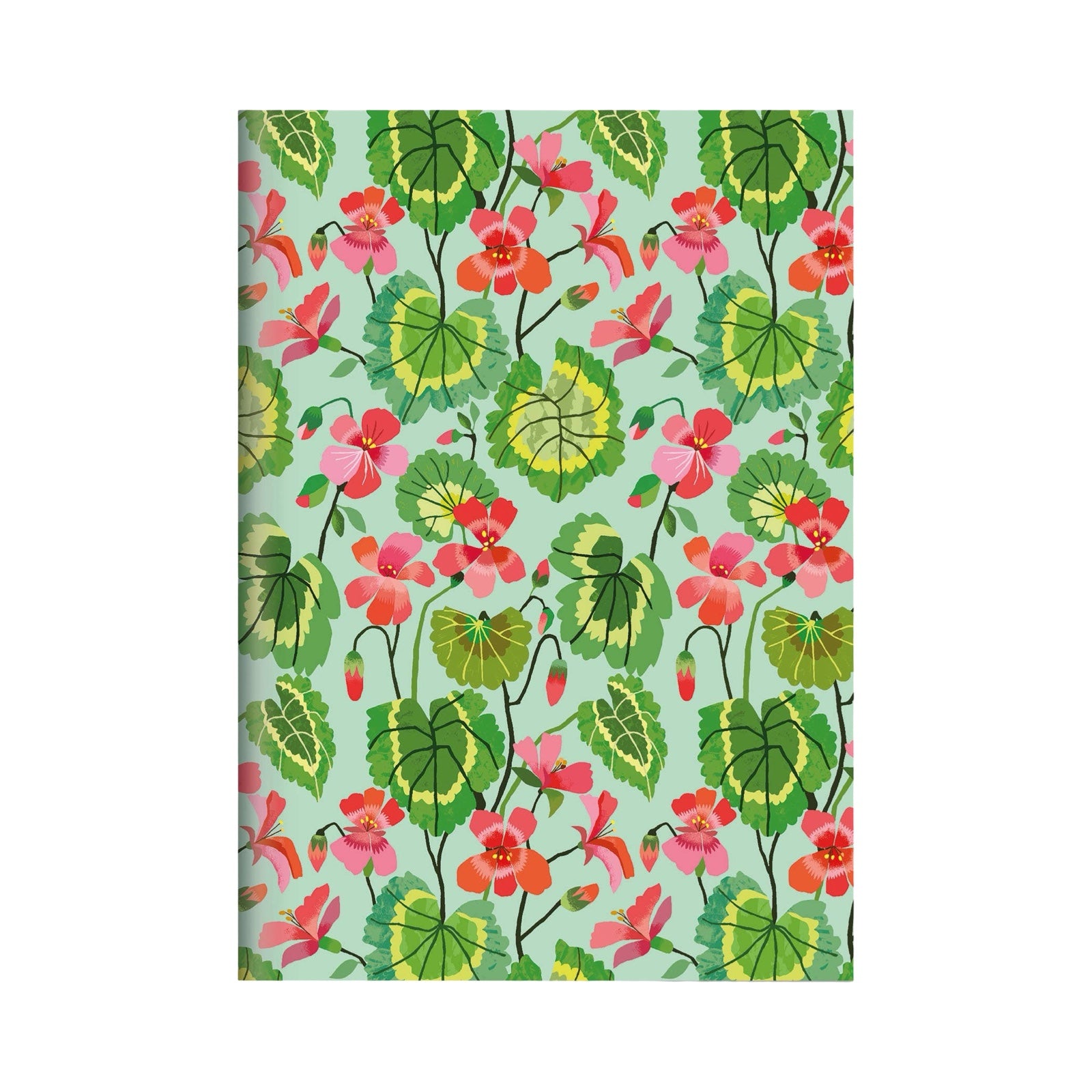 Floral patterned notebook with pink flowers and green leaves on a light blue background.