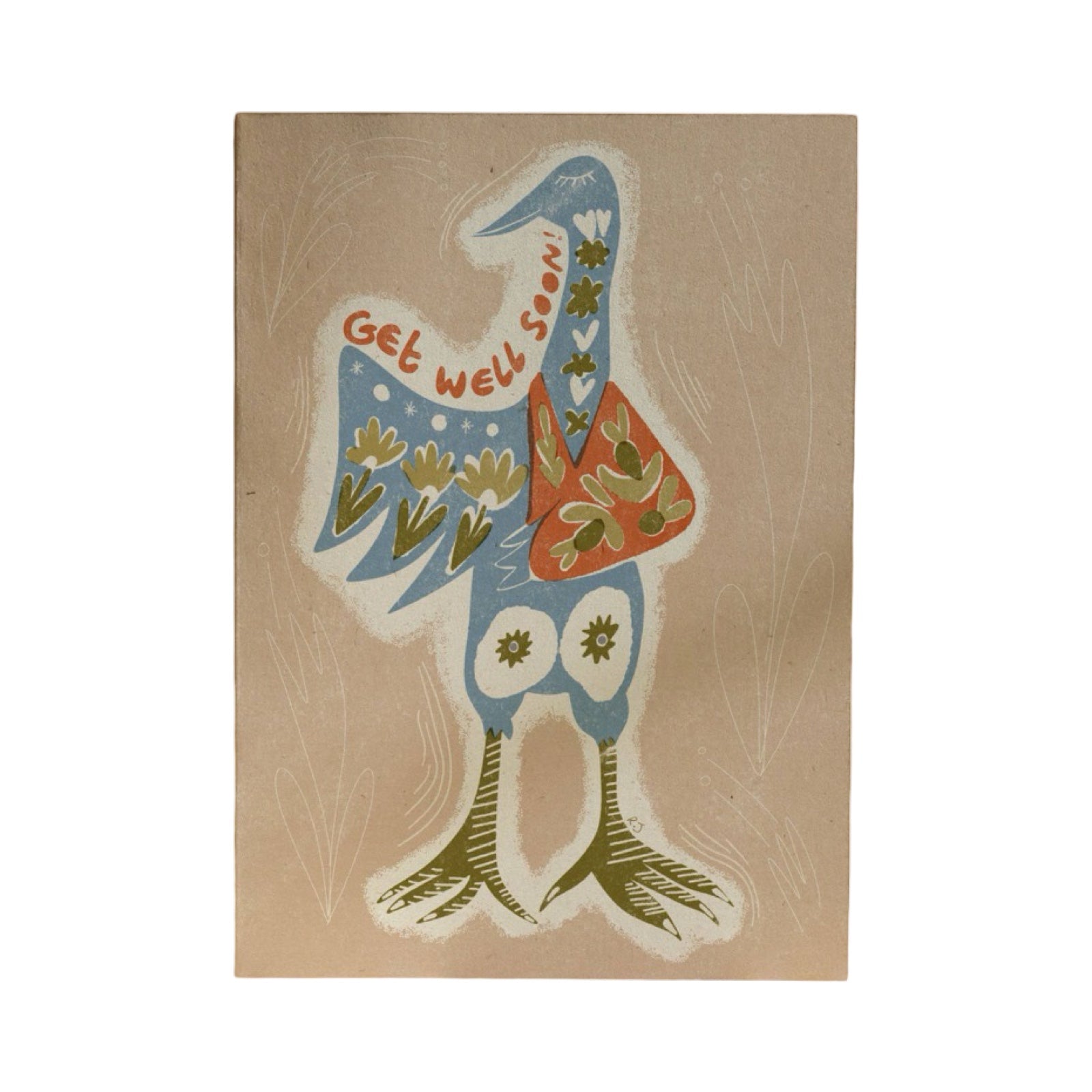 This card features a folk-inspired design of a blue bird with its wing in a sling, with the text 'get well soon'. 