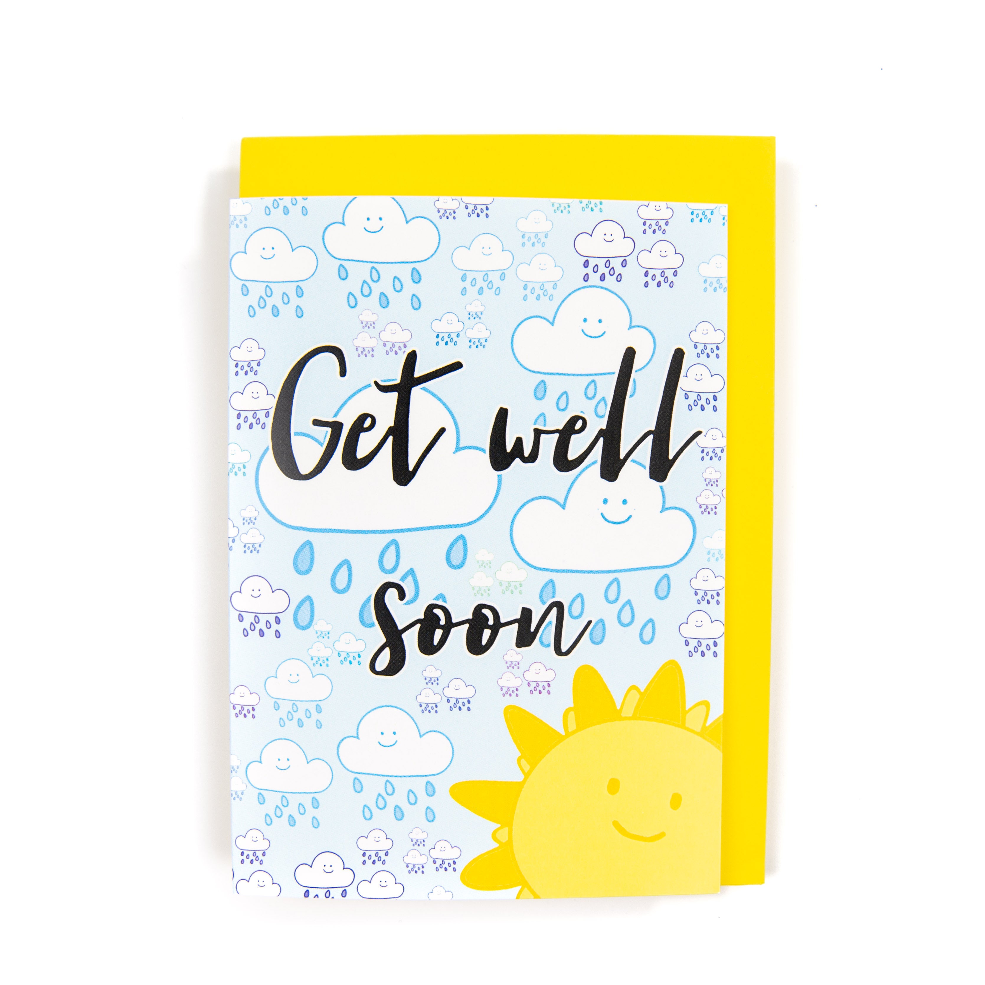 A get well soon card with a sun and raincloud pattern, featuring the text 'Get well Soon' on the front and a yellow sun illustration.