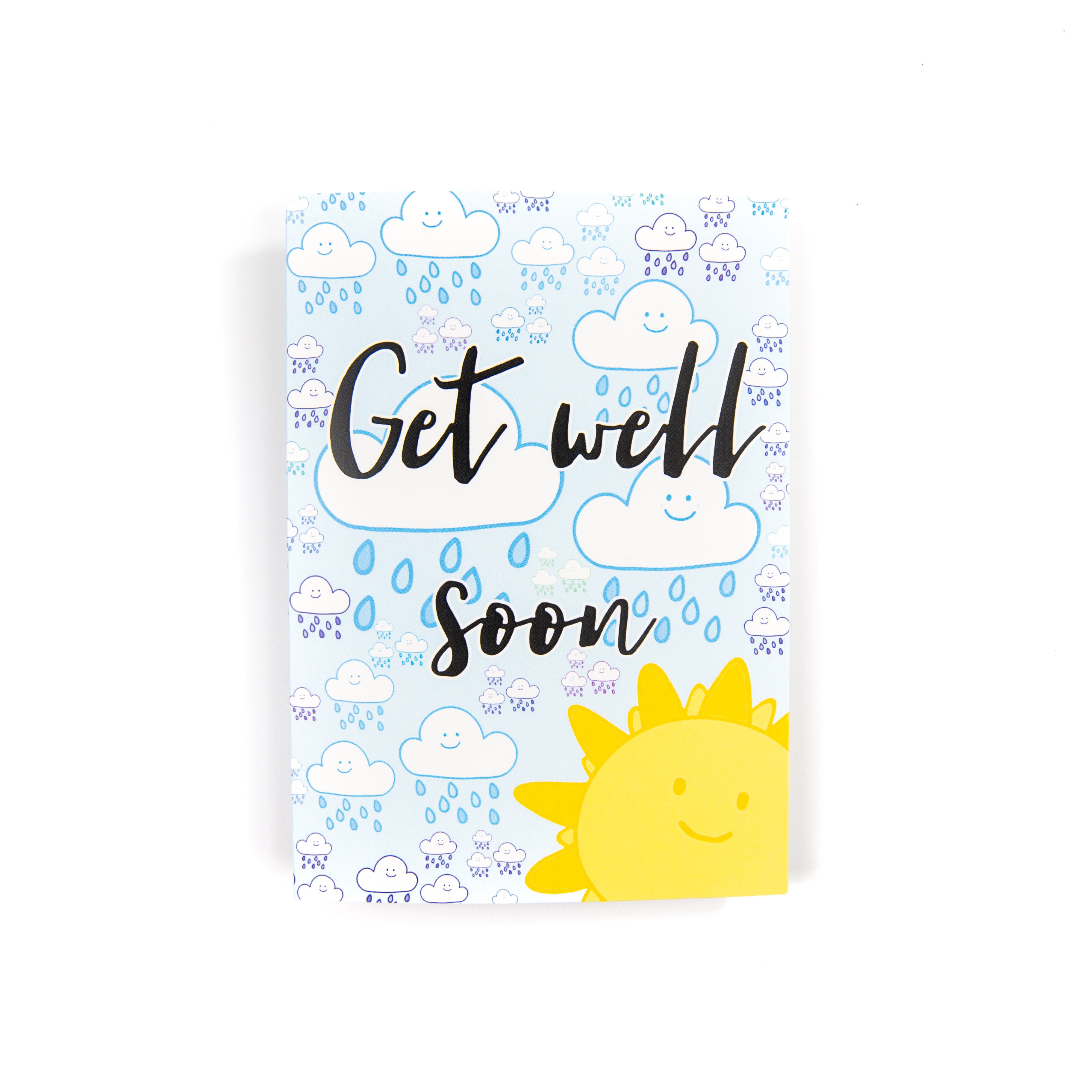 A get well soon card with a sun and raincloud pattern, featuring the text 'Get well Soon' on the front and a yellow sun illustration.